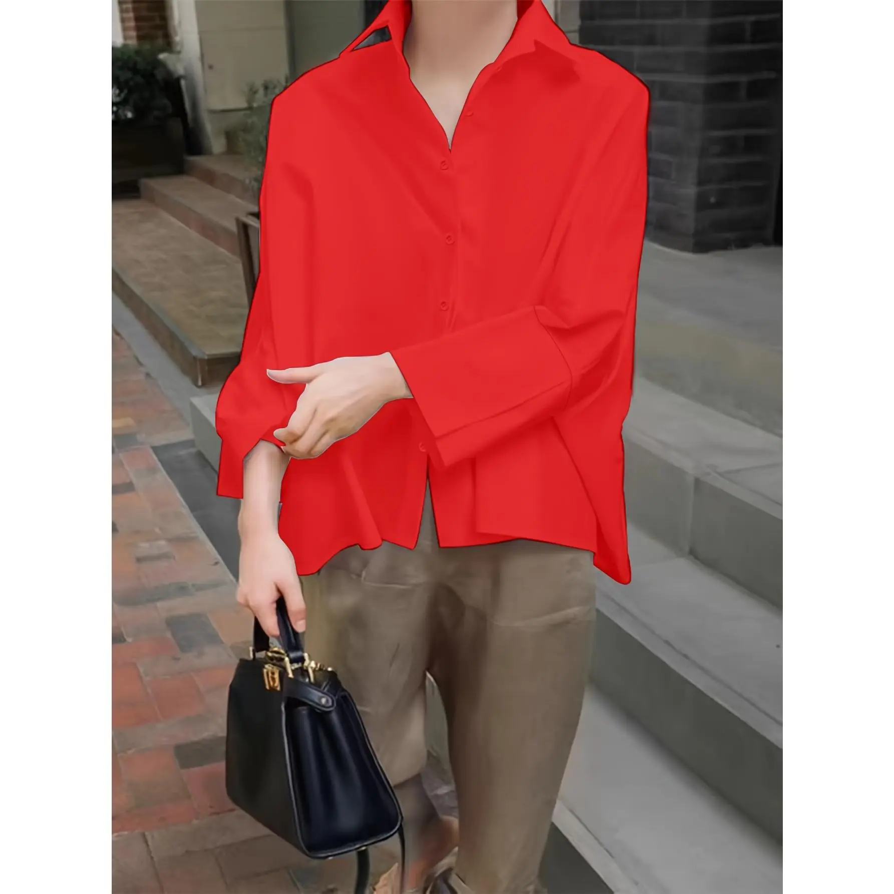 Women's Casual Solid Color Button-Up Long-Sleeve Blouse, Soft Fabric Women's Top