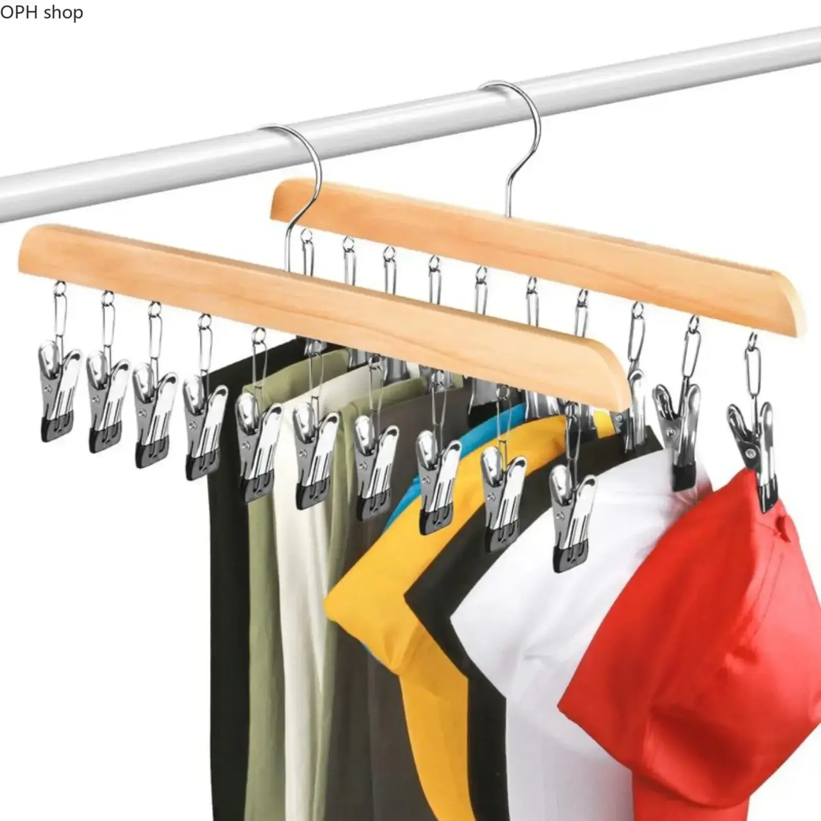 Wooden Multi-Clip Legging Hangers (2-Pack) with 10 Rubber-Coated Grips, Heavy-Duty Closet Organizer for Yoga Pants, Socks, Space-Saving Wardrobe Storage Rack