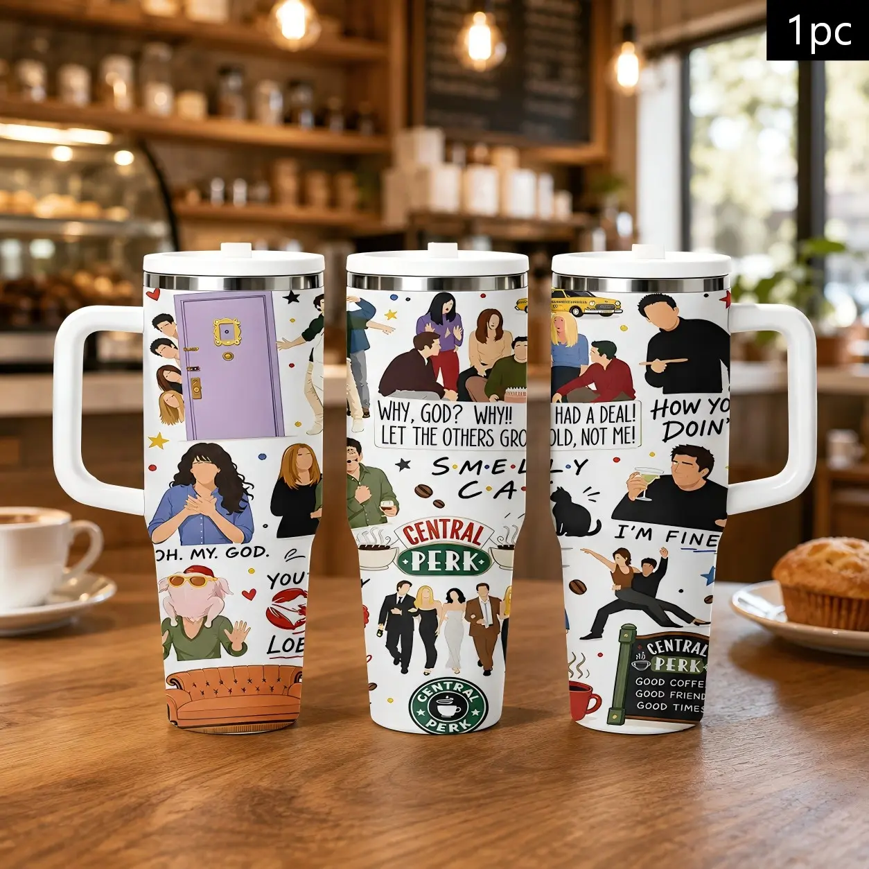 1PC 40oz Retro Classic Sitcom Friends Coffee Shop Quote Pattern Insulated Tumbler with Handle, Leak-Proof Lid, Double Wall Vacuum Stainless Steel Travel Mug, Hot 12H Cold 24H, Large Capacity Cup for Men and Women, Friendship Gift