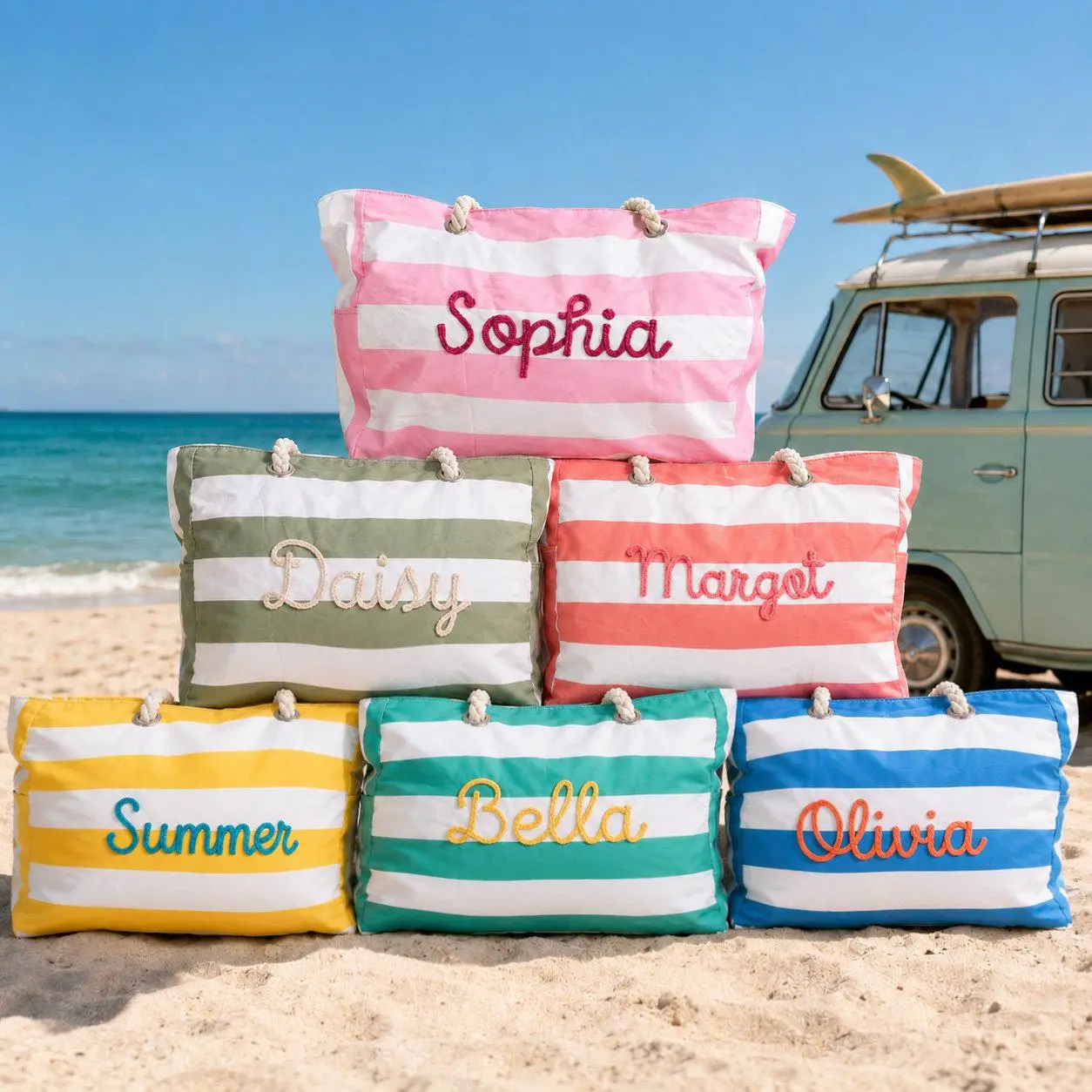 AS1020 Personalized Customized Name Portable Tote Bag DIY Striped Seaside Vacation Personalized Exclusive Handbag Vacation Gift