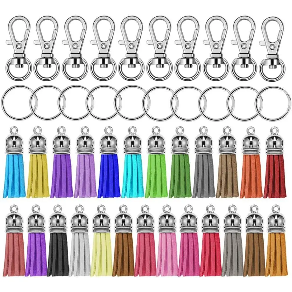150-Piece Keychain Hardware Bulk Set, Hard Metal Swivel Hooks and Round Rings with 25-Color Leather Suede Tassel Decor for DIY Crafts, Round Ring
