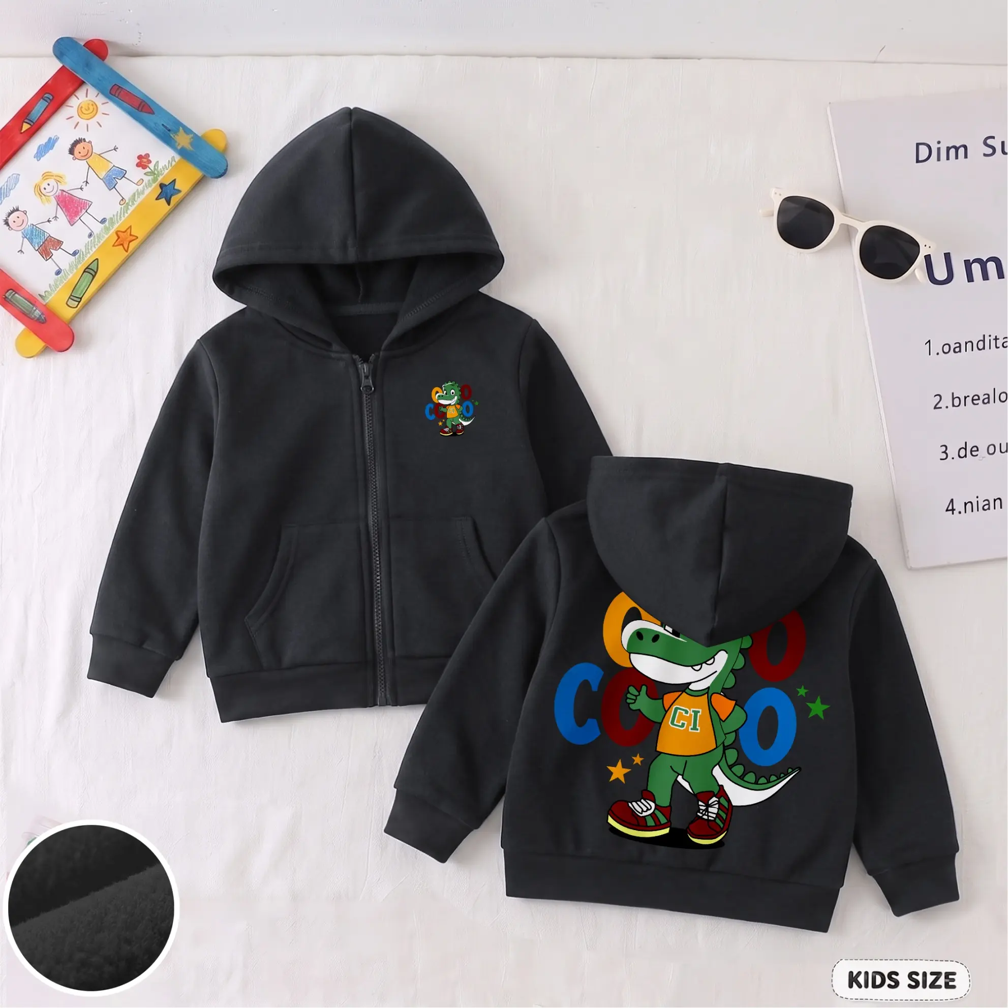 Kids Cartoon Dinosaur Zip Hoodie, Cute Animal Printed Sweatshirt Jacket with Soft Fabric, Trendy Casual Clothing for Boys Girls