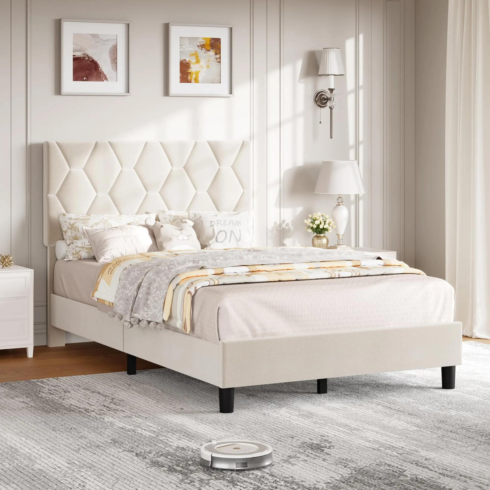 【GARVEE】Twin Size Bed Frame – Adjustable Upholstered Headboard – Beige