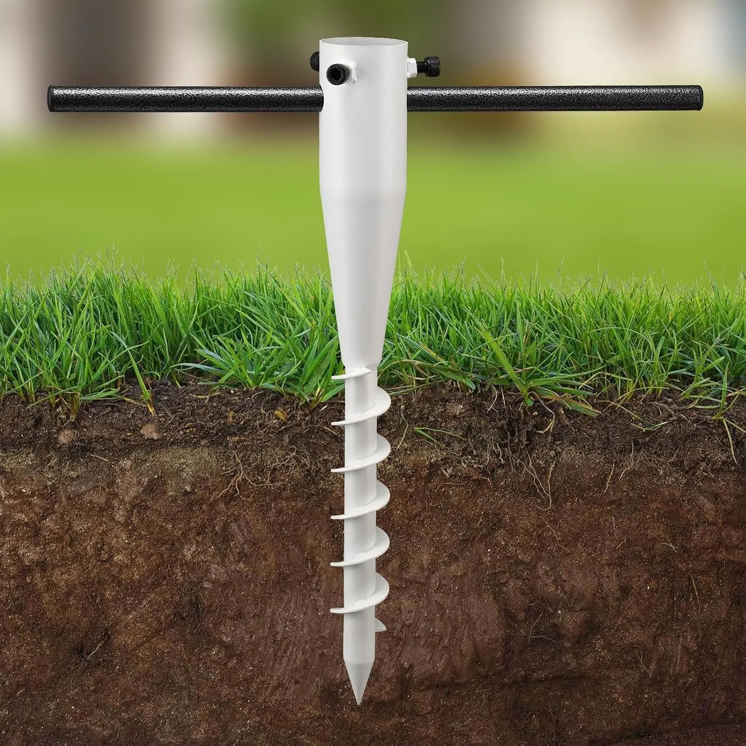 17" Ground Screw, Heavy Duty Steel Screw-in Ground Stakes - Extra-Long Spiral Anchor for Patio Umbrella Base, Canopy Weights on Beach/Lawn Weatherproof Pole Holder for 1-2" Posts, White