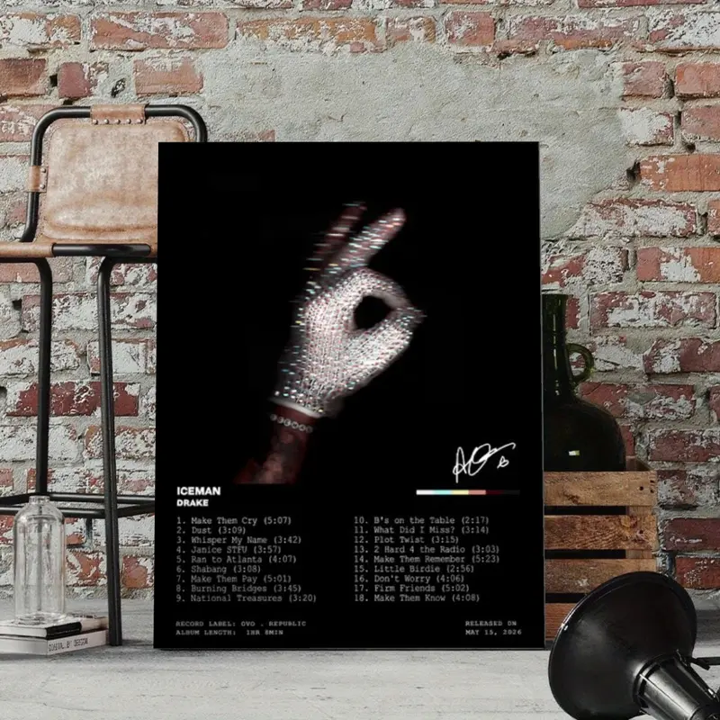 Drake Poster Canvas Wall Art Diamond Hand Sign Tracklist Layout Design Print Hip Hop Rap Music Album Cover Style Wall Decor for Dorm Room Men Bedroom Man Cave Unframed Hanging Canvas Wall Paintings Bedroom Aesthetic Canvas Print