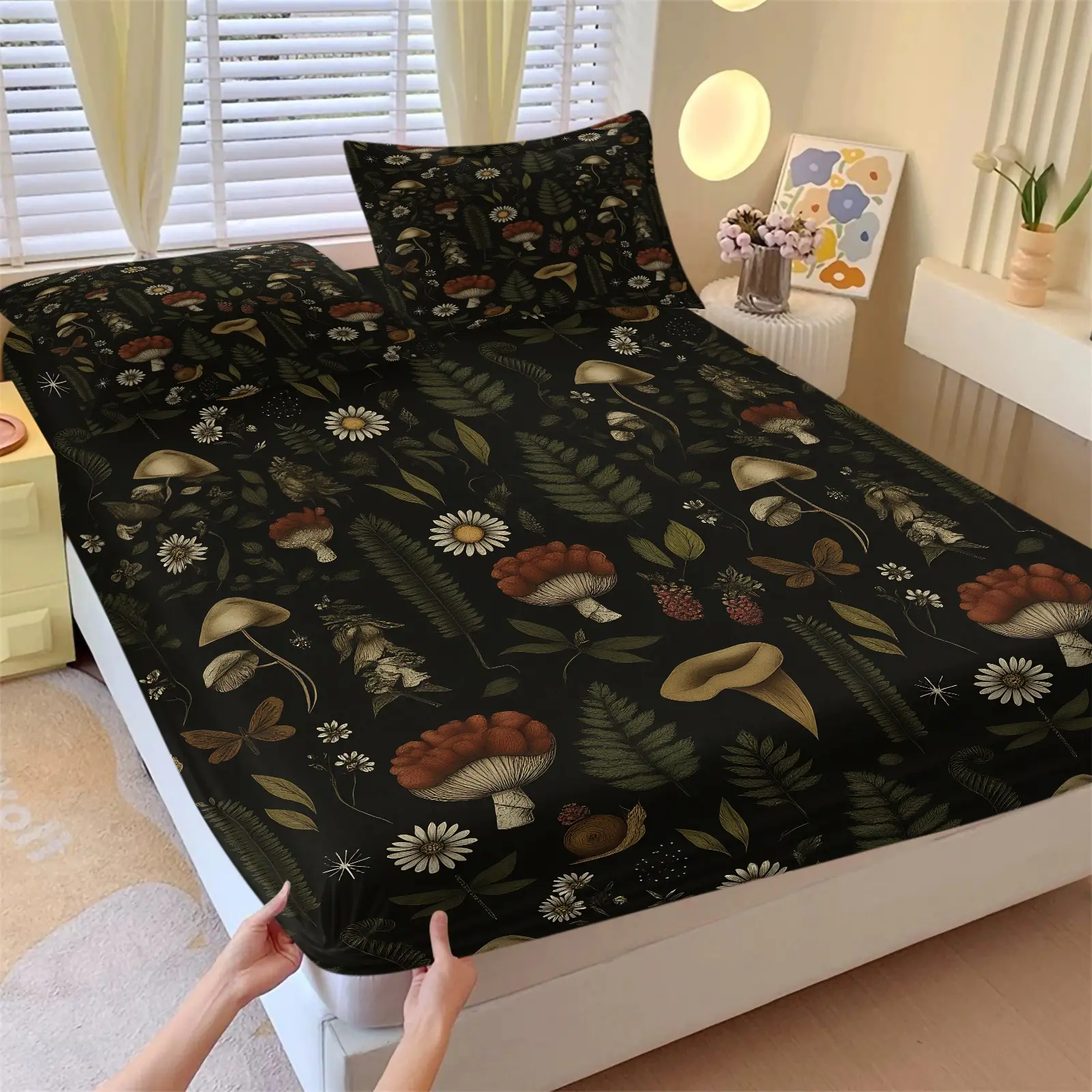 NO COMFORTER 3Pcs Vintage Dark Mushroom Fern Daisy Fitted Sheet Set,Deep Stretch Elastic Pocket,Soft Brushed Microfiber Wrinkle Resistant,All Season Use,Gothic Cottagecore Bedroom Bedding For Nature Plant Lovers
