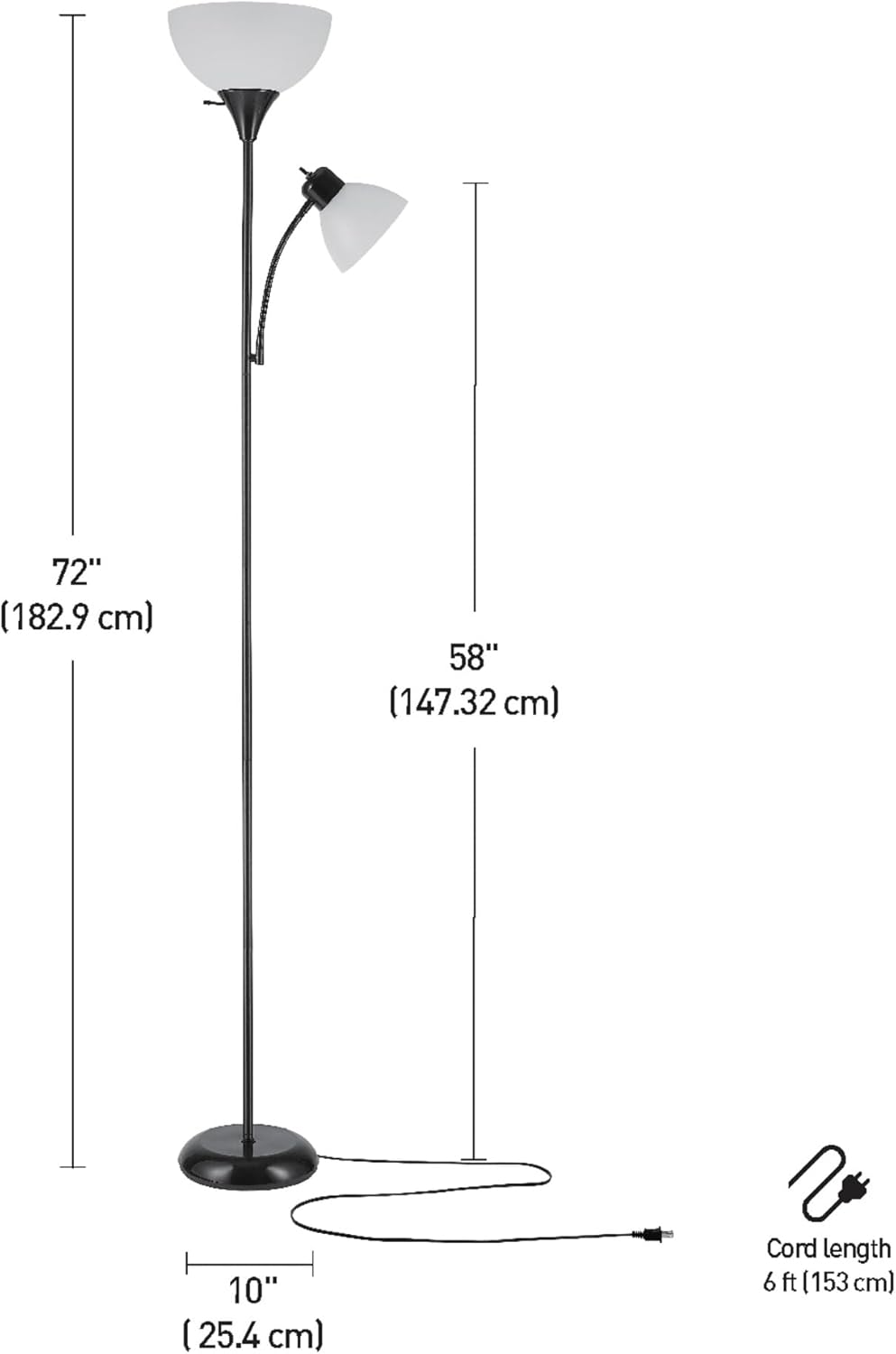 72" Torchiere Floor Lamp with Adjustable Reading Light, Matte Black Finish, Frosted Shade, Dual Rotary Switch, 3-Step Dimmable Modern Standing Lamp for Living Room or Office