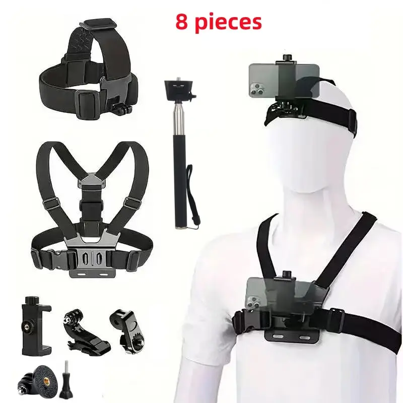 8-Piece Sports Camera Kit, Sports Camera Accessories, Phone Clip Stand for Horizontal Vertical Shooting, Compatible with Gopro/phone/dji Osmo Action, Essential Gear for Outdoor Riding