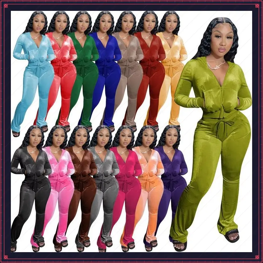 Women Autumn Two Piece Outfits  Piece Velour Tracksuit Sweatsuits Zip Up Hooded Jacket Flared Pants Jogger Sets