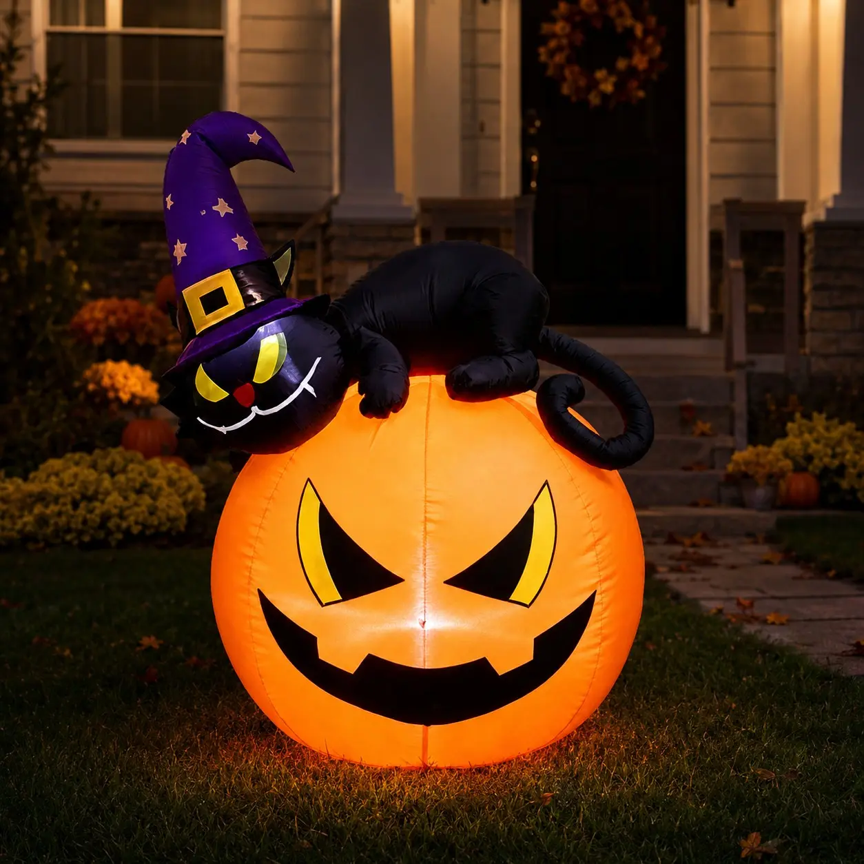 1.2m Halloween Inflatable Cat Pumpkin Balloon with LED Lights, Outdoor Garden Lawn Decoration, Party Ornament, Festive Decor