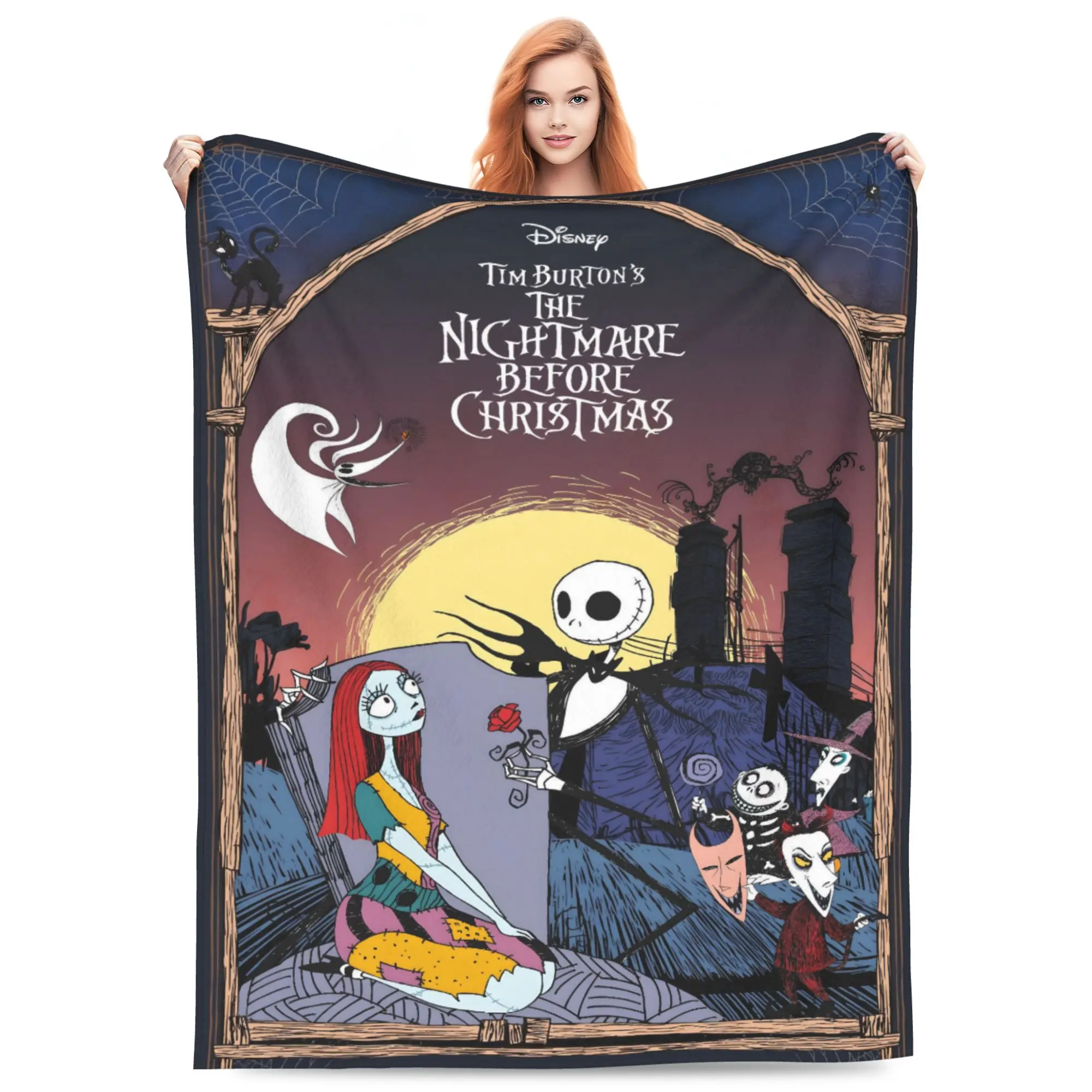 DISNEY CLASSIC The Nightmare Before Christmas Poster Throw Blanket, Jack Skellington Sally Zero Lock Shock Barrel Graveyard Sunset Spider Web Cartoon Print Flannel Fleece Blanket Soft Cozy Blanket for Sofa Bed Gift for Halloween Fans