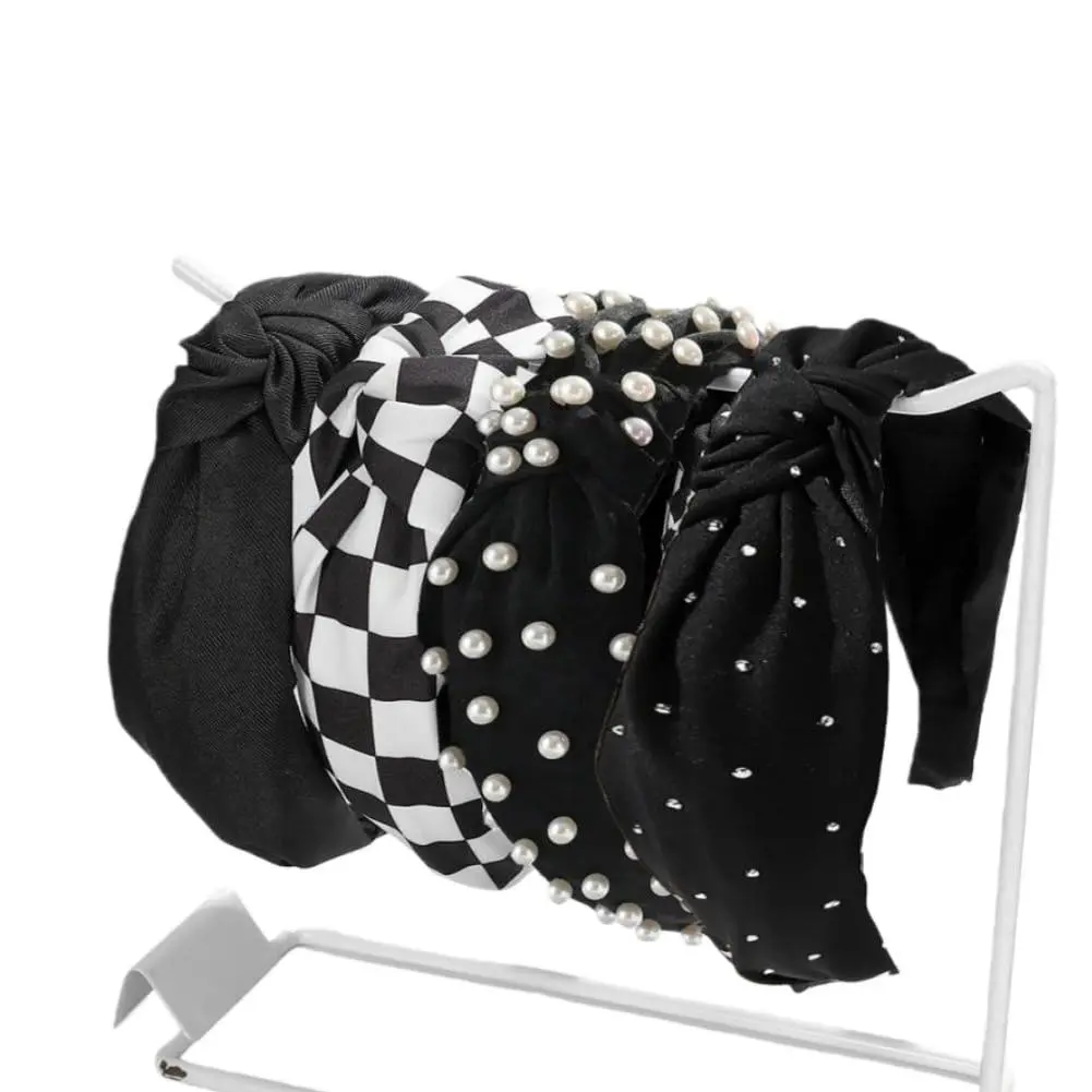 4Pack Knotted Headband for Women Checkered Flower Printed Headbands Top Knot Non Slip Beaded Headband Set Solid Color Wide Knotted  Bands for Women's Hair (Black White)