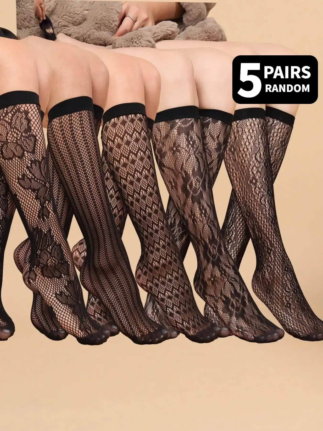 5-Pair Random-Pattern Black Lace Fishnet Openwork Calf-Length Knee-High Socks for Women | Knee-Highs | Stockings | Women's Socks | Multi-Pattern Fishnet Sock Set | The Ultimate Sexy Gothic-Style Outfit Essential | Black Fishnets