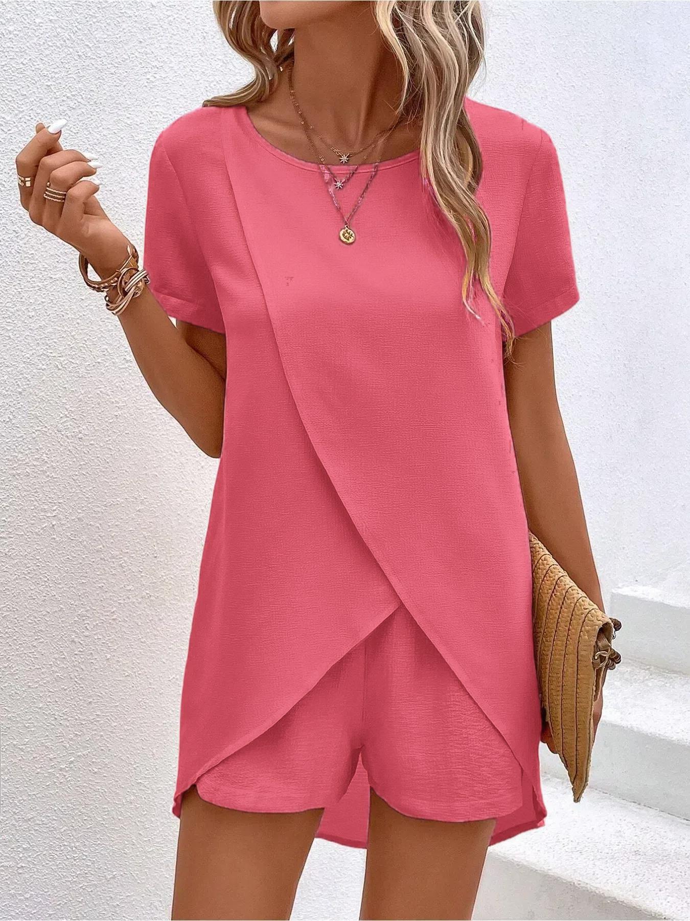 Women's Asymmetrical Hem Tee & Wide Leg Shorts Two-piece Set, Casual Minimalist Short Sleeve Round Neck T-shirt & Elastic Waist Shorts, Ladies Two-piece Outfits for All Seasons, Womenswear