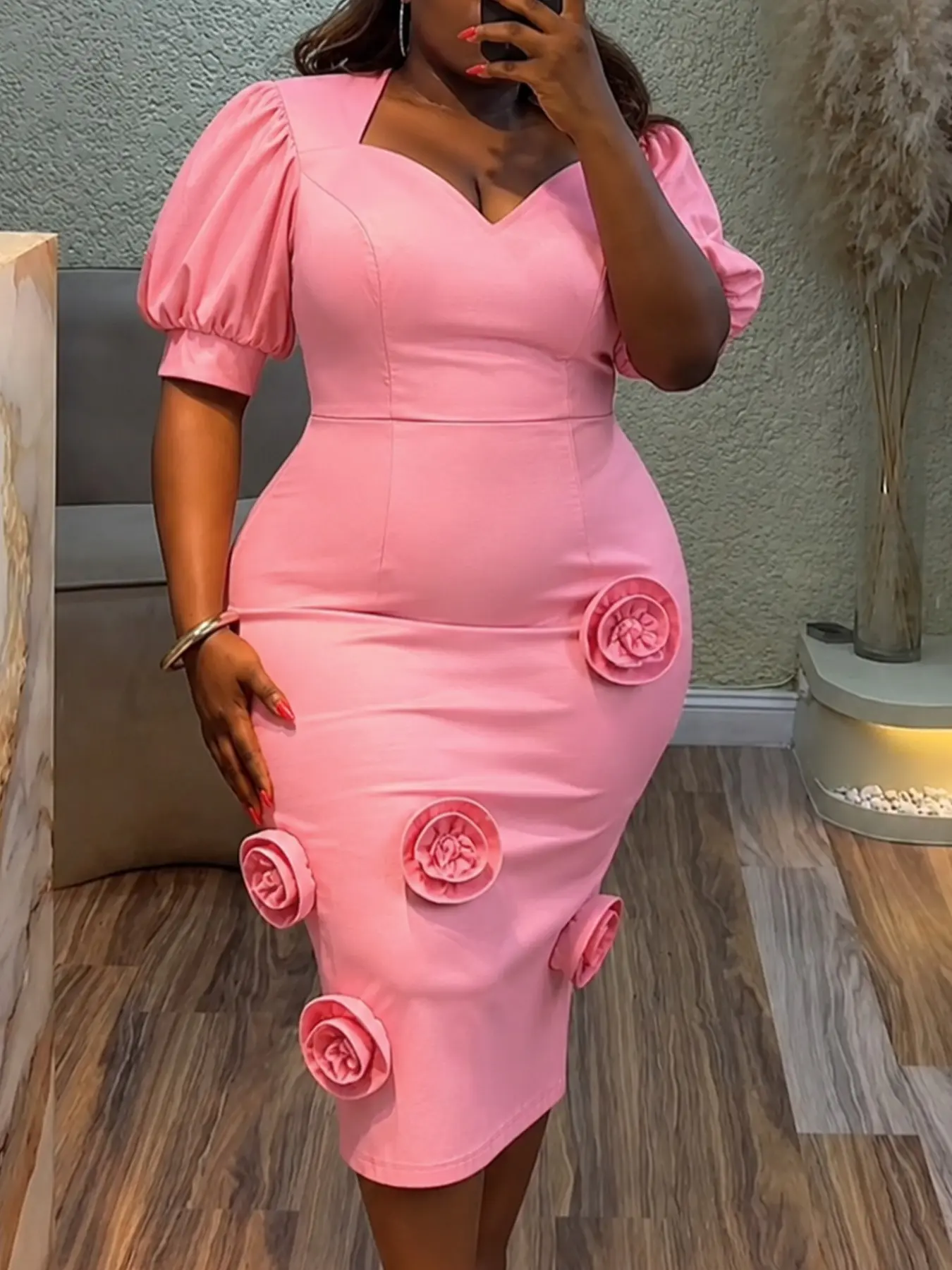 AOMEI Plus Size Women Fashion Bodycon Midi Dress Sweetheart Neck Puff Short Sleeve 3D Floral Decor Wedding Guest Church Spring Summer Outfits