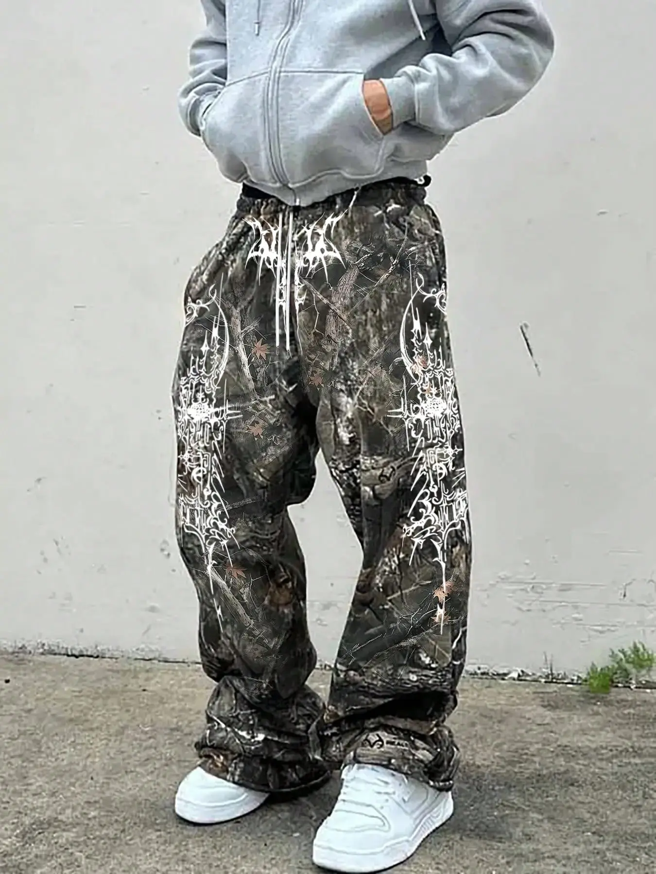 Y2K Oversized Loose Graphic Camo Pants, Branches & Camouflage Print, Street Style High Street Fashion, Fall Winter Essential