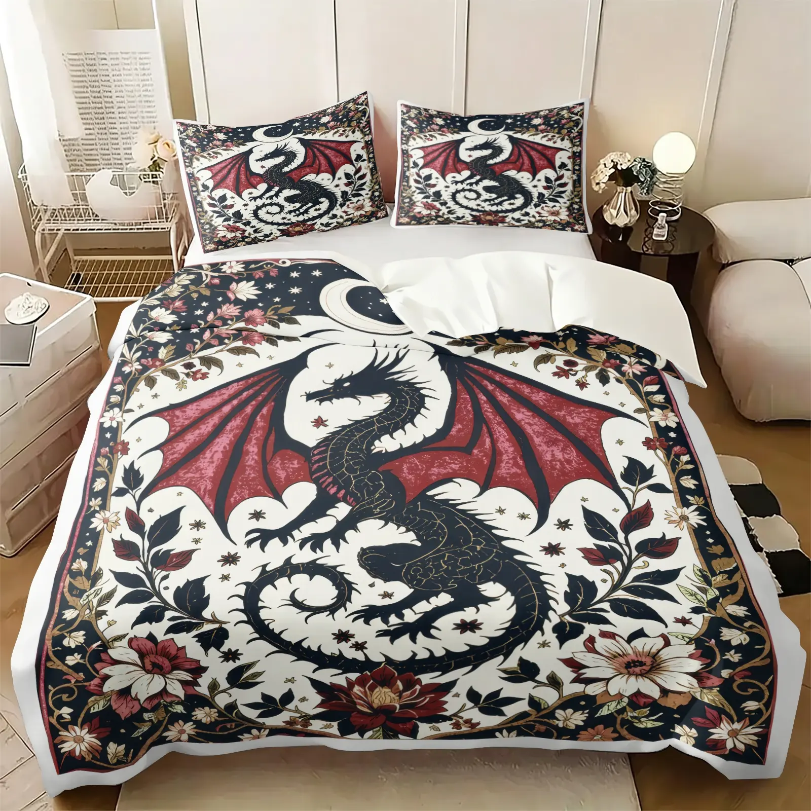 Retro Gothic Winged Black Dragon Print Duvet Cover Set, Includes 1 or 2 Pillowcases, White Vintage Mystic Neutral Bedding, Red Wing Floral Medieval Bed Set All Size, Cozy Breathable Fabric, Dark Fantasy Man Cave Decor Gift
