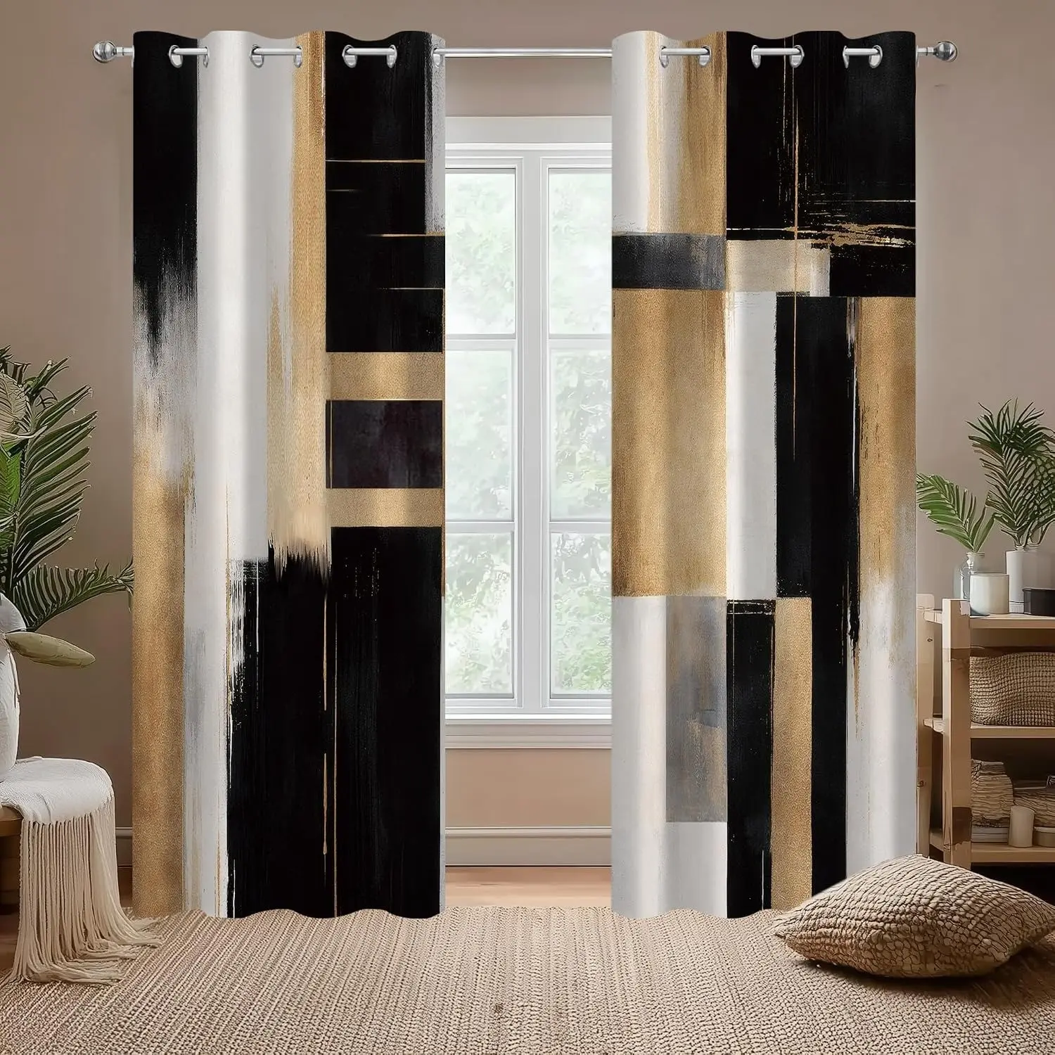 and Gold Abstract Semi-Sheer Curtains, Window Curtain, Bohemian Medieval Modern Art Curtains, Neutral Art Living Room Bedroom Decor, 2 Pieces, Curtain Panels