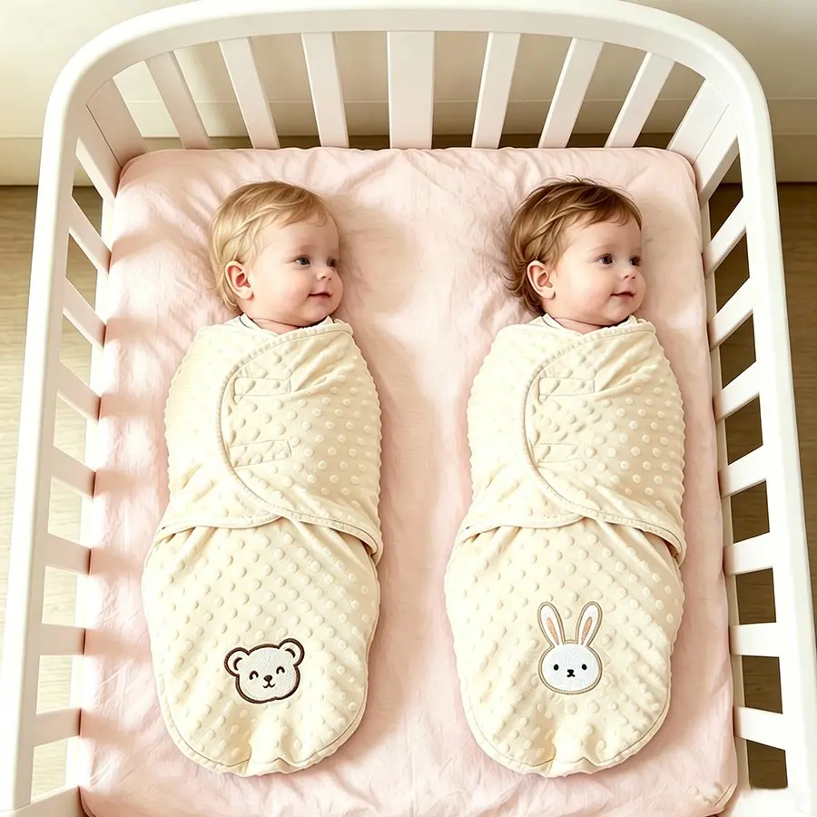 Multi-Functional Bean Bag Swaddle Blanket, Plain Color Embroidered Animal Design, Adjustable Velcro, Comfortable for Newborn Babies