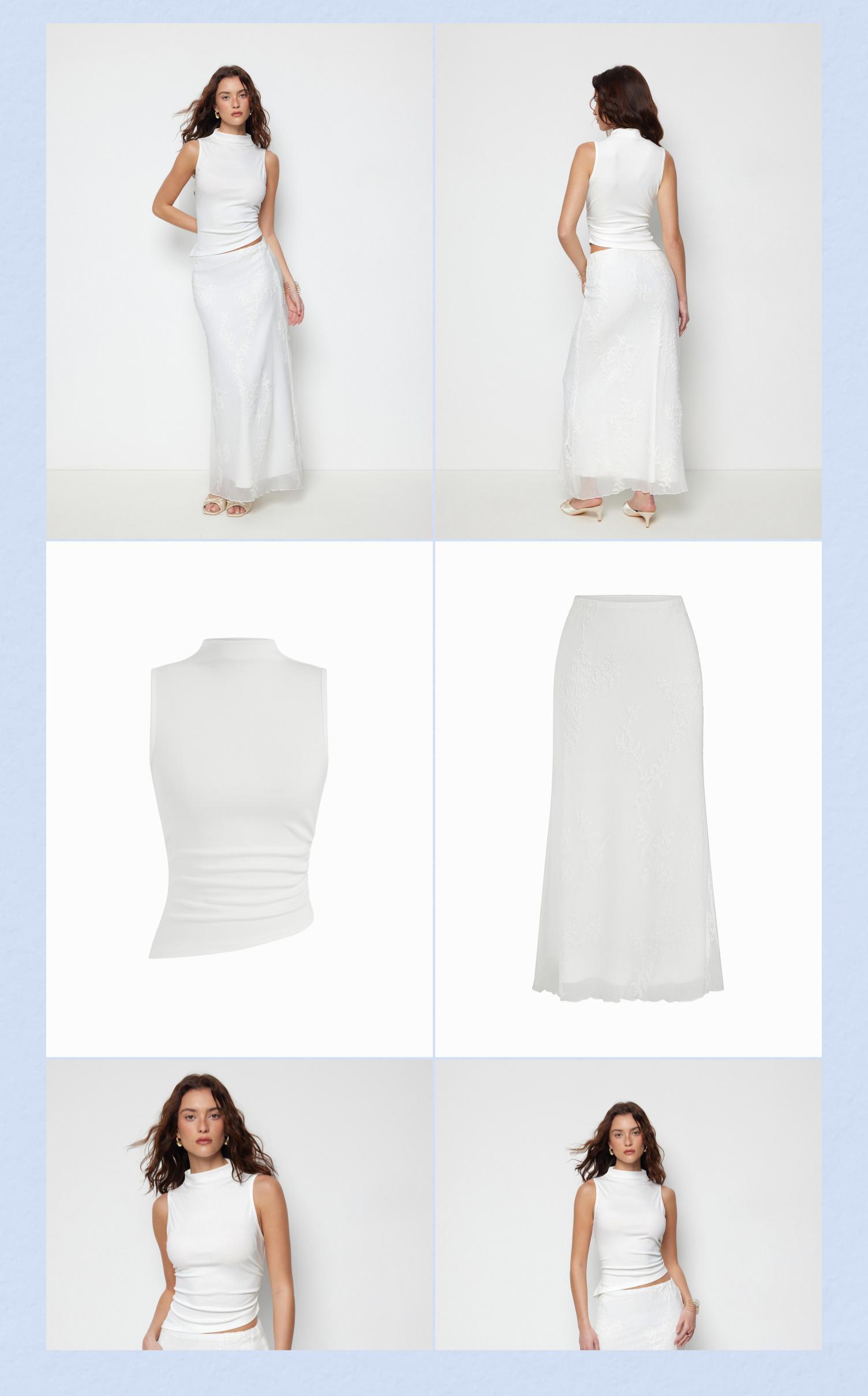 Cider Jacquard Lace Panel High Rise Pencil Maxi Skirt & Asymmetrical Neck Sleeveless Top Set