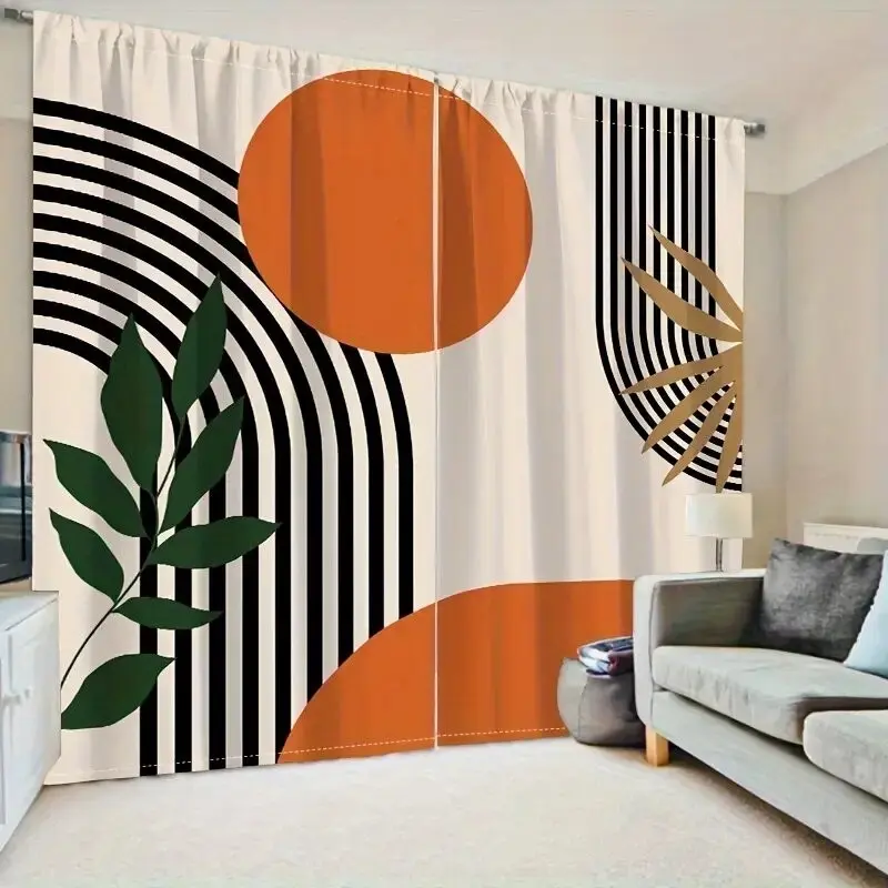 2-Pack Geometric Leaf Pattern Curtains, Light Filtering, Living Room Bedroom Kitchen Decor, Privacy Sunshade, Semi-Transparent Rod Pocket Design, Curtain Panels