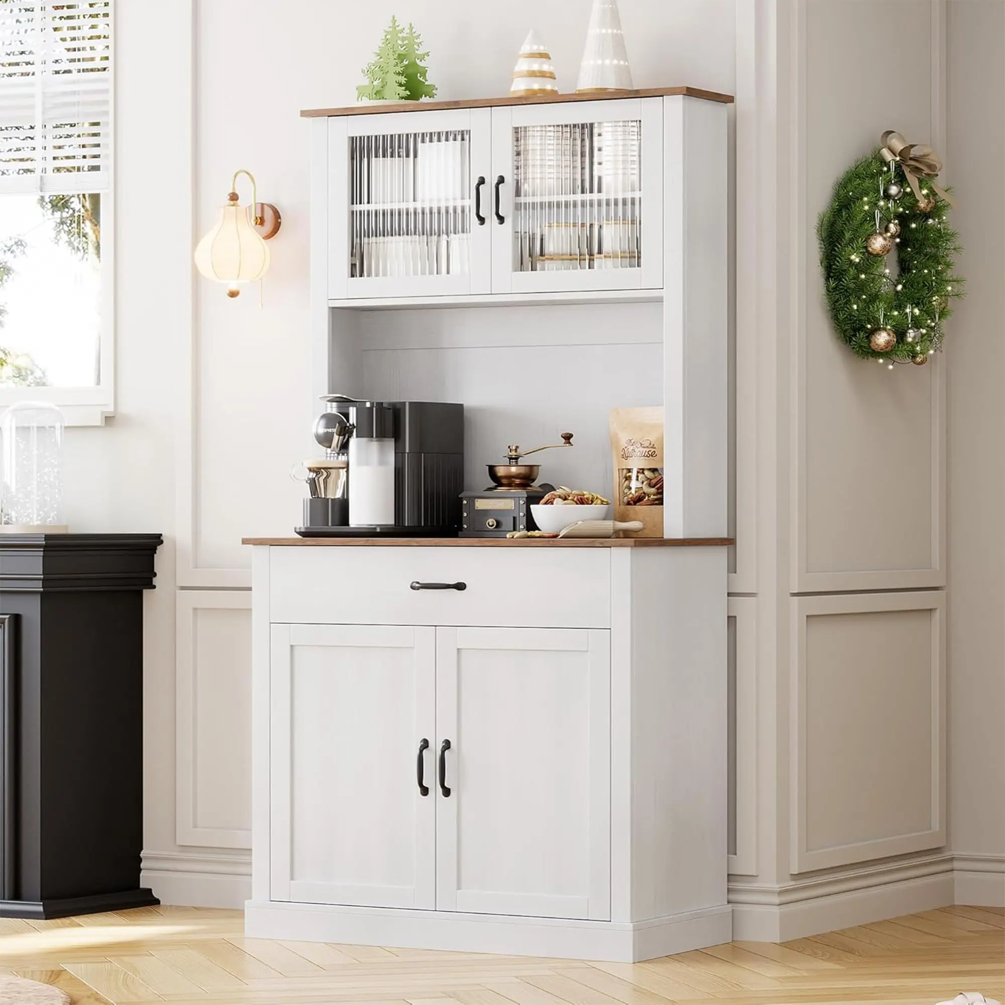 GARVEEKitchen Pantry Cabinet with Microwave Stand, 71 Freestanding Tall Cabinet Featuring Doors and Shelves, Available in White and Grey, Ideal for Kitchen and Dining Room Storage