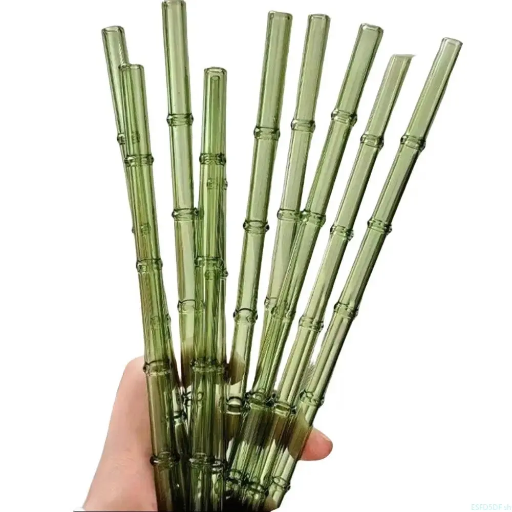 4-Pack Bamboo Textured Straight Reusable Glass Straws Set with Free Cleaning Brush, Food-Grade, Heat-Resistant, Dishwasher-Safe, Eco-Friendly, Natural Look, Amber Tone, Ideal for Bubble Tea, Party Favors, Daily Household Supplies, Straw Combo tempered sun