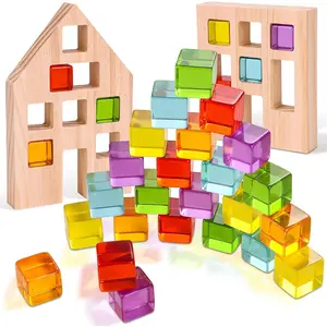 Wooden Building Blocks Set for Kids, 24 PCS Rainbow Gem Cubes Stacking Blocks - 2 Wood House, Montessori Stacking Toy for Toddlers, Educational STEM Sensory Birthday Toy for Boys Girls 3-6fidget toys