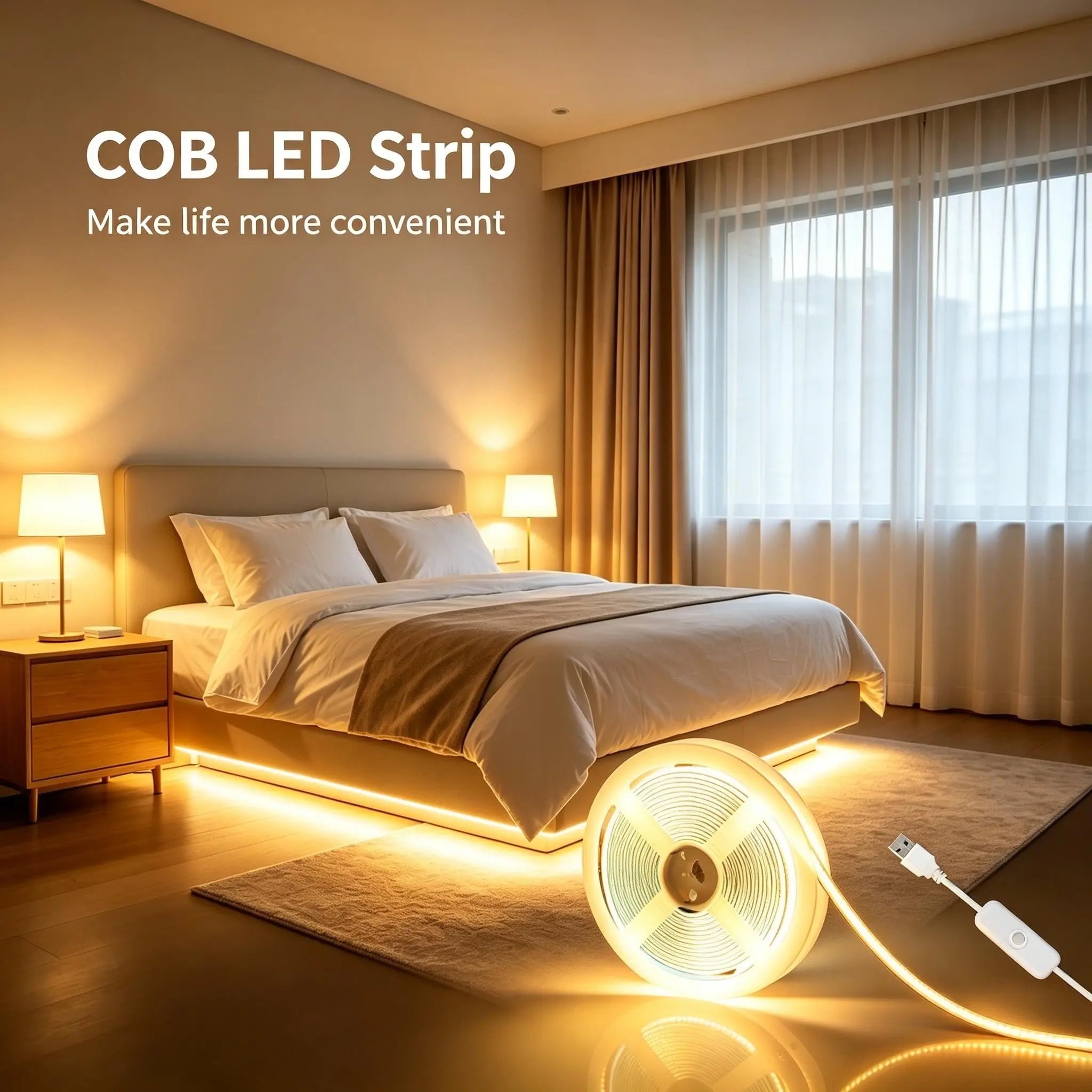 COB LED light strip, USB powered, equipped with a 501 push-button switch. Available in both warm and cool colors, with a self-adhesive backing for easy installation. Suitable for cabinets, home décor, DIY lighting, and office decoration. Led strip lights