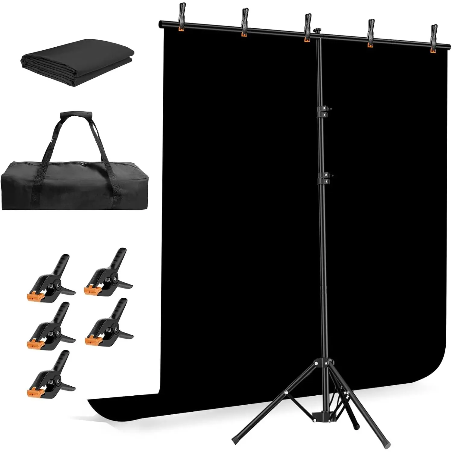 Black Photo Backdrop with Stand Kit 6.5x5ft, Photography Black Background Screen with Portable T-Shape Support and 5 Clamps for Video Recording, Meetings, Self Tape