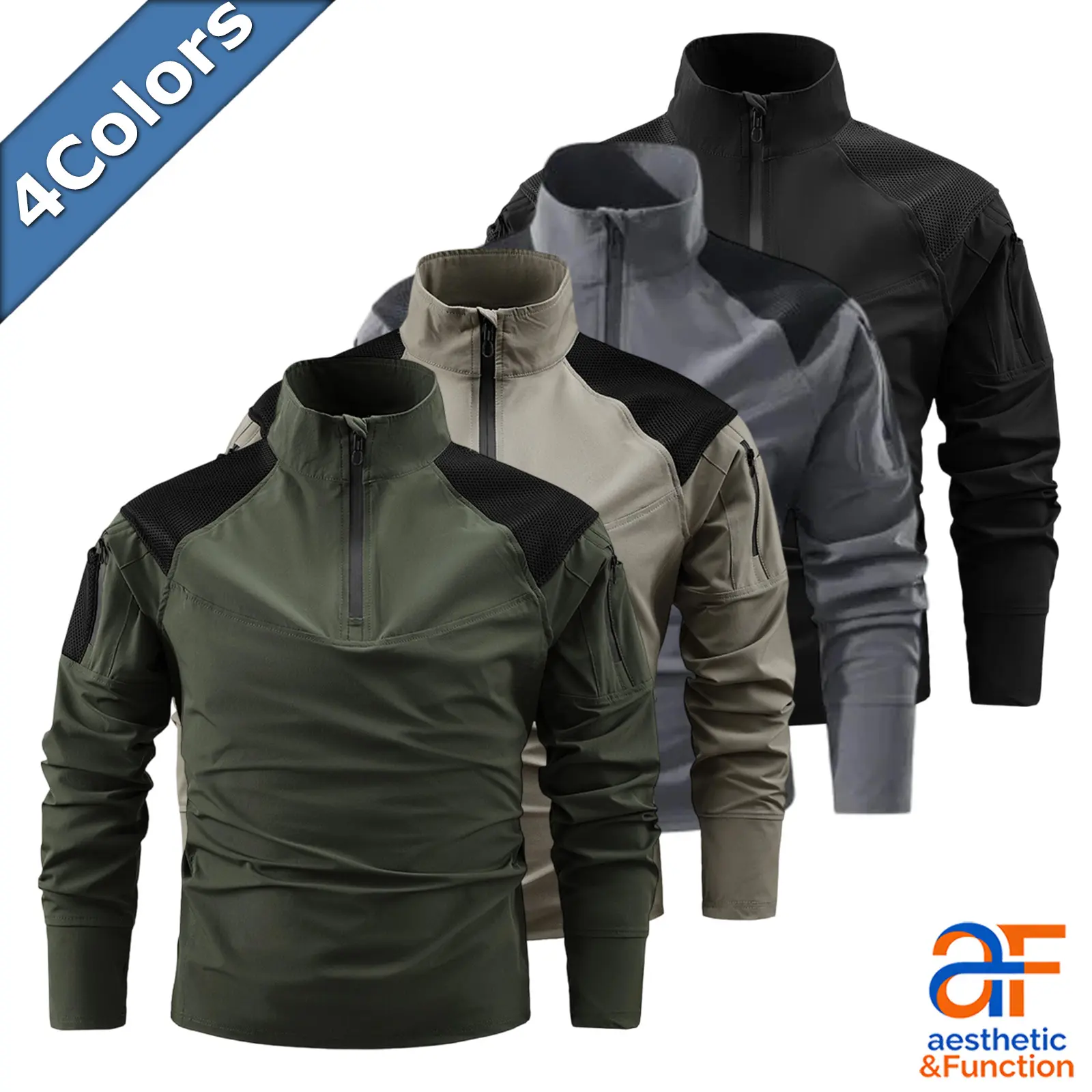 Men's Tactical Quarter Zip Pullover, Loose Cut Nylon Blend with Contrast Panels and Arm Pockets, Military Outdoor Wear, Military Style