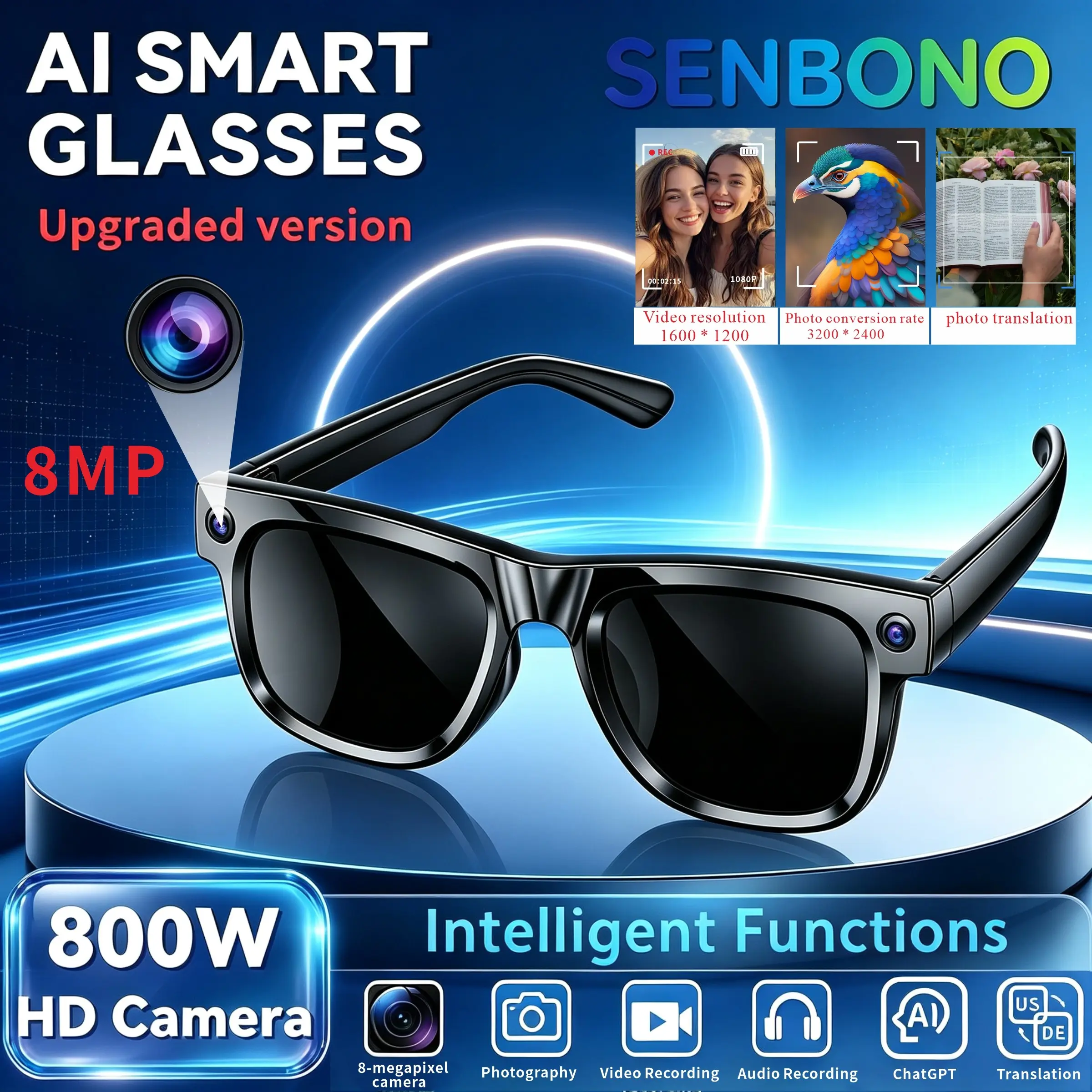 1080P multifunction smart glasses, supporting real-time translation in 165 languages, wireless music calling+high-definition video recording, and an 8-megapixel ultra wide angle camera. Suitable for bicycle/driving recording, outdoor fishing, work, travel