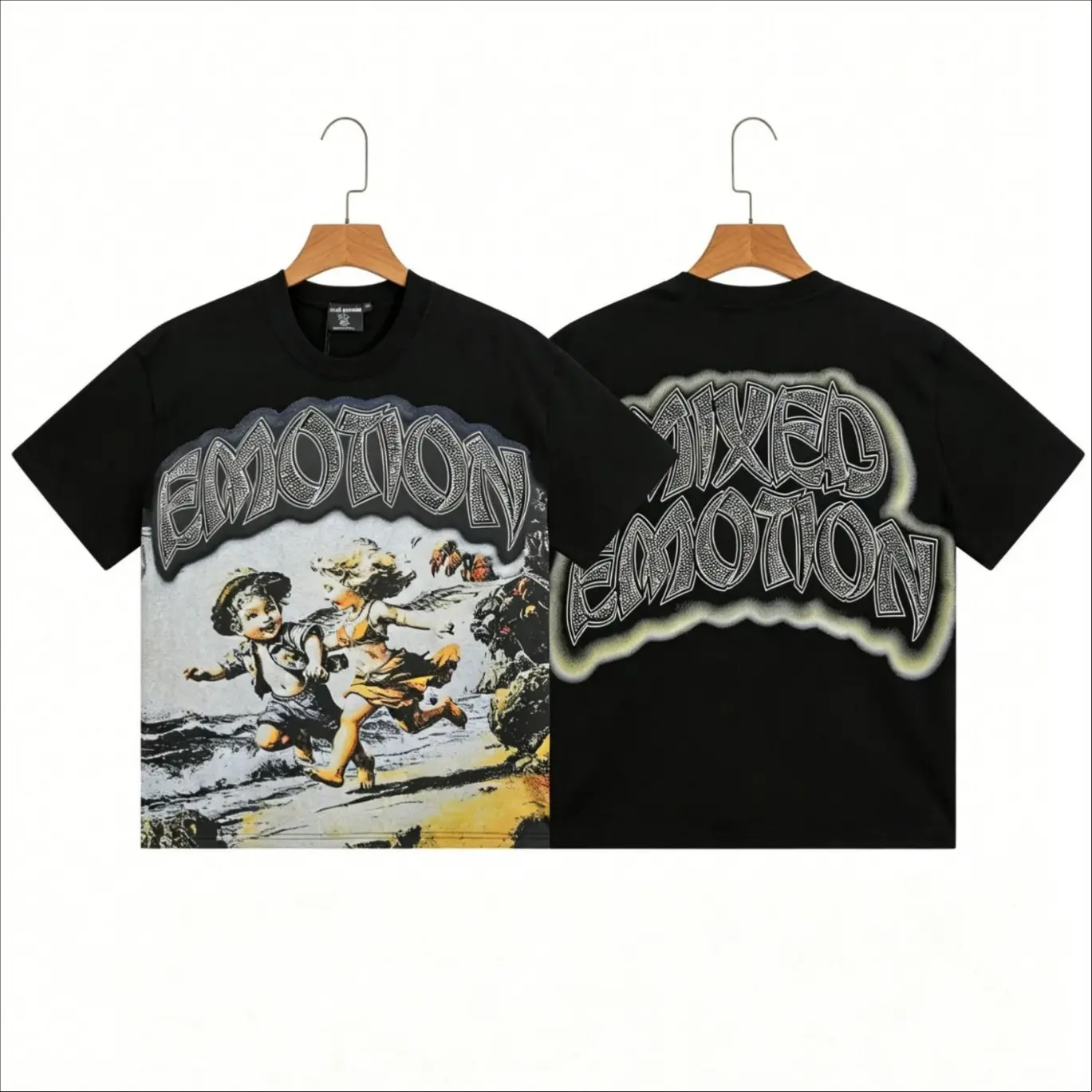 Mixed Emotion Diamond Angel Graphic T-Shirt Vintage Washed Oversized Heavyweight Cotton Rhinestone Gothic Grunge Y2K Streetwear Hip Hop Crewneck Summer Men Trendy Top tiktokshopbacktoschool