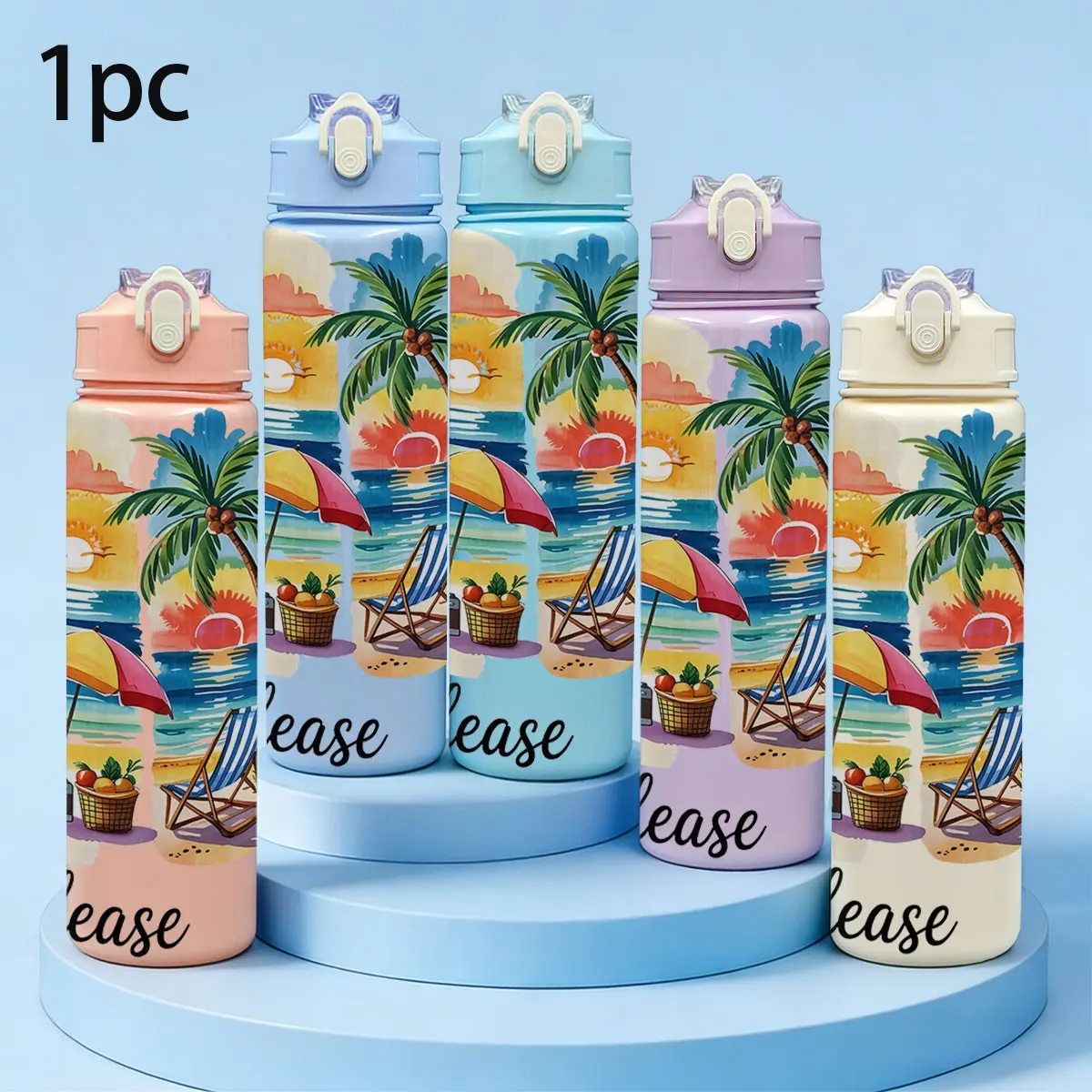 25oz Plastic Water Cup, Summer Beach Design with Palm Tree and Flamingo, Leak-Proof Lid with Straw, Reusable for Outdoor Activities, Water Bottles