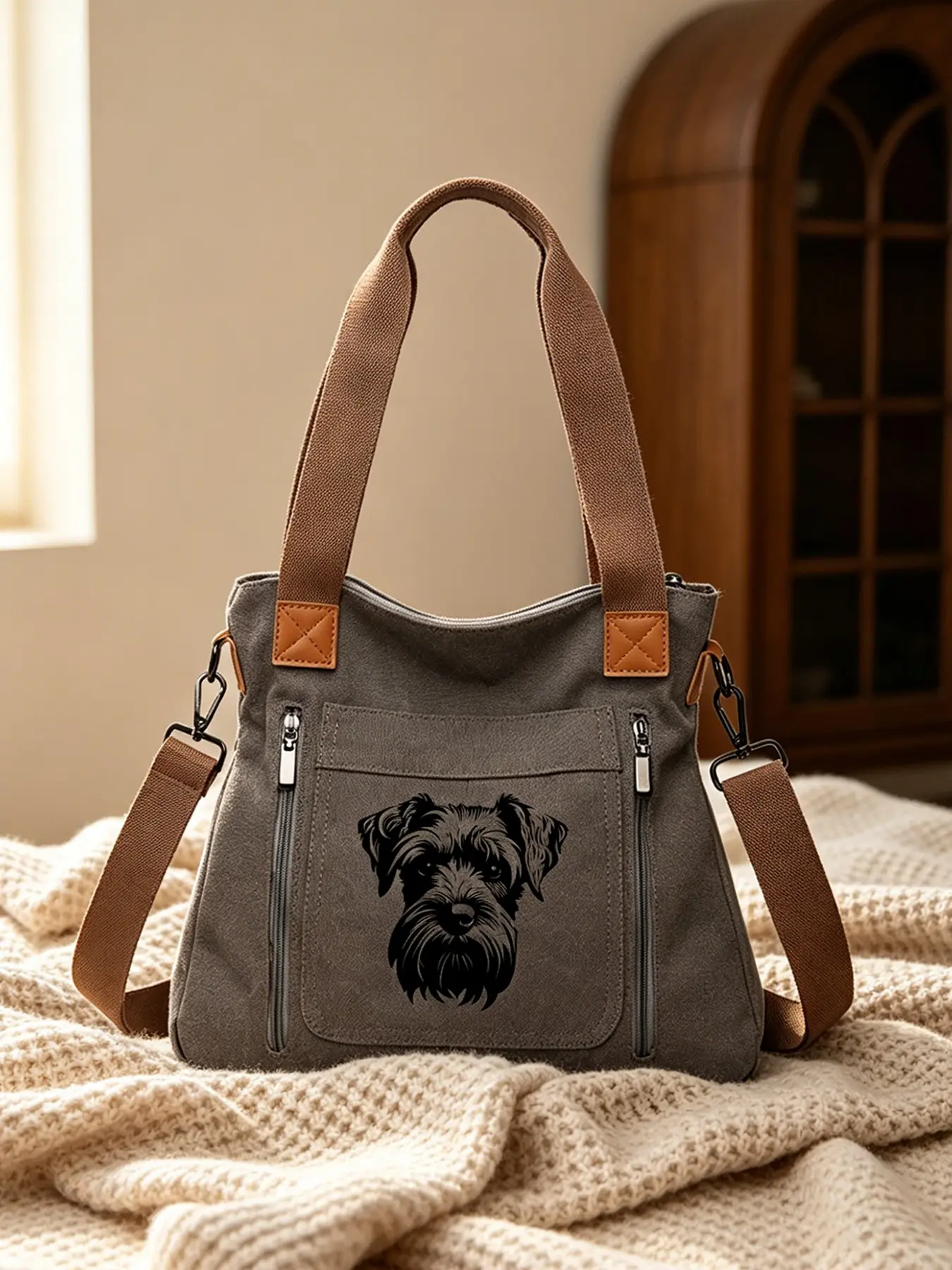 Shih Tzu Puppy Print Canvas Tote Bag, Multi-Layer Large Capacity Shoulder Bag, Casual All-Season Backpack for Students and Daily Use