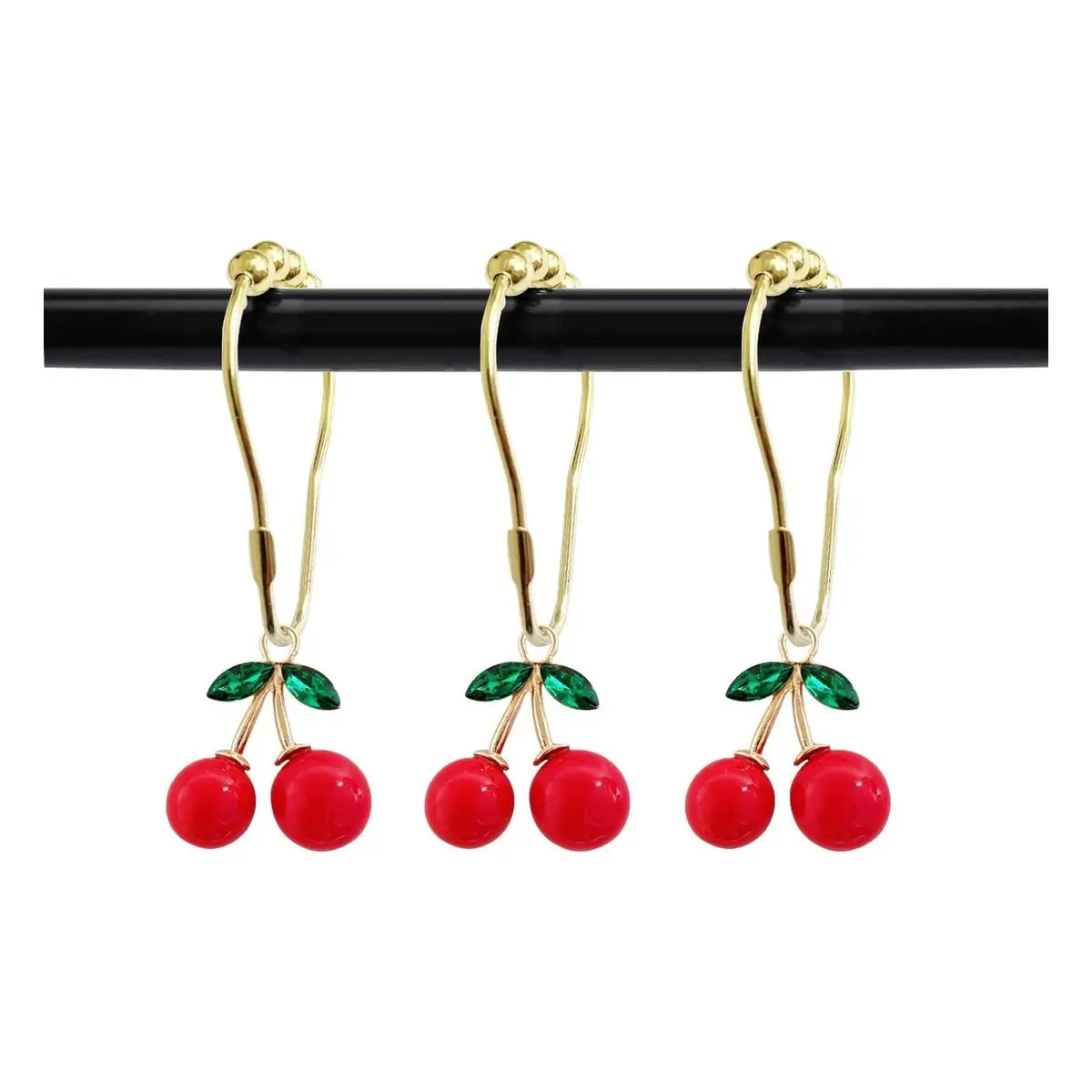 Stainless Steel Rustproof Shower Curtain Hooks Rings (Set of 12) - Decorative Red Cherry Resin Pendant, Fruit-Style Bathroom Accessory for Kids, Housewarming Gift, Office & Outdoor Patio Use