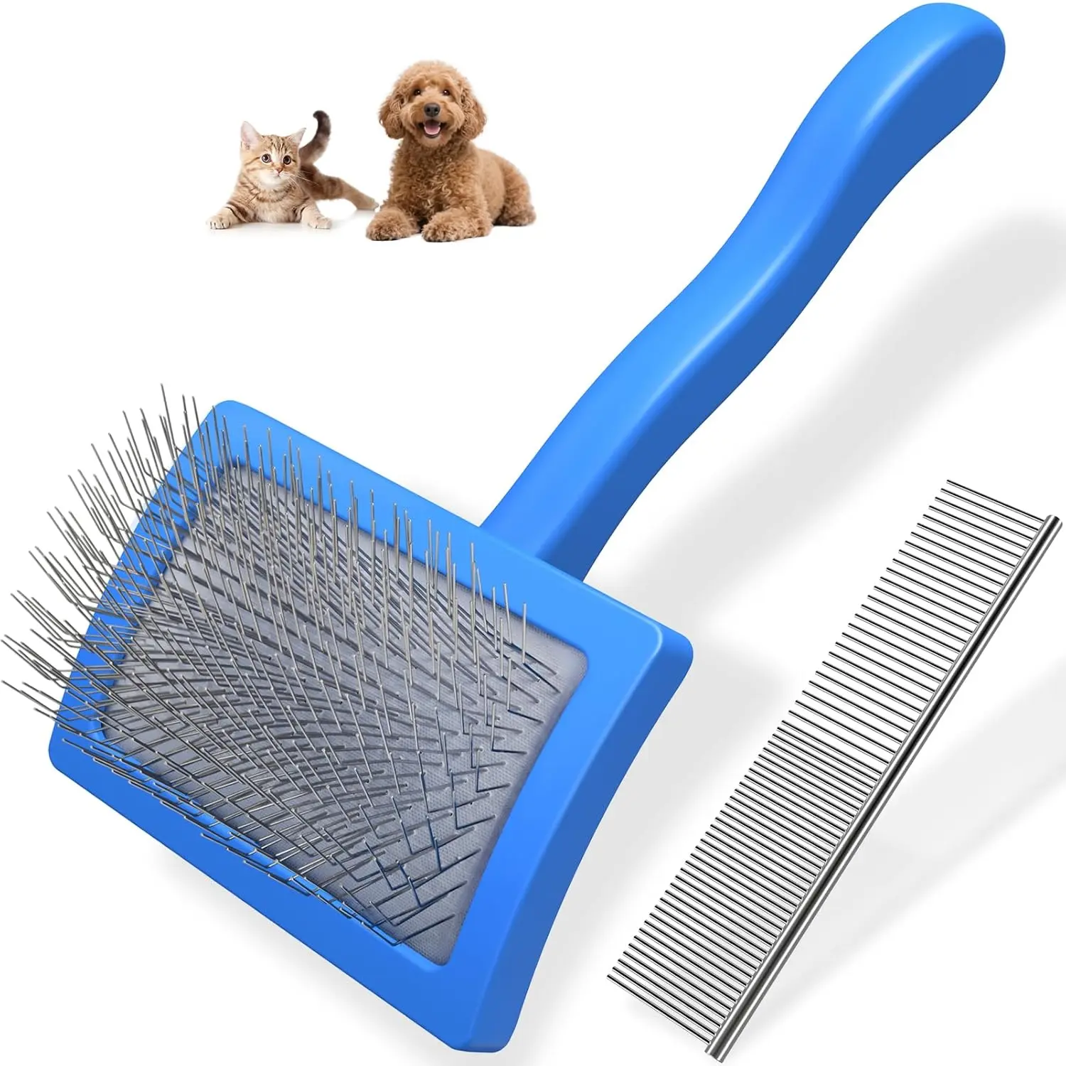 2PCS Slicker Brush Dogs & Pet Comb,Professional Dog Grooming Brush (Goldendoodles,Poodles,Labradoodles) with Extra Long Pins to Effectively Remove Tangles, Knots and Mats (Blue, Medium)
