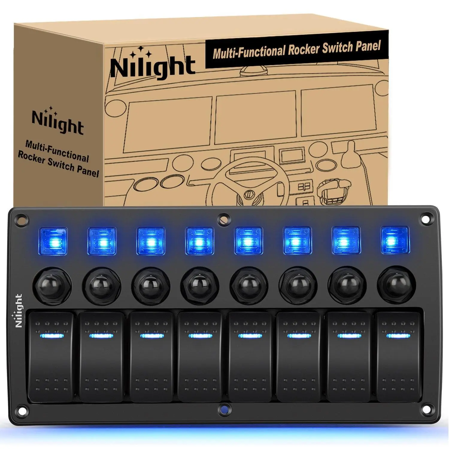 Nilight 8-Gang Waterproof Pre-Wired Rocker Switch Panel with Resettable Circuit Breakers (5A,10A,15A), LED Backlight, 3-Pin Toggle Switches, 6 Screws, 1pc DIY Sticker for 12V-24V Car, Boat, Car Electronics