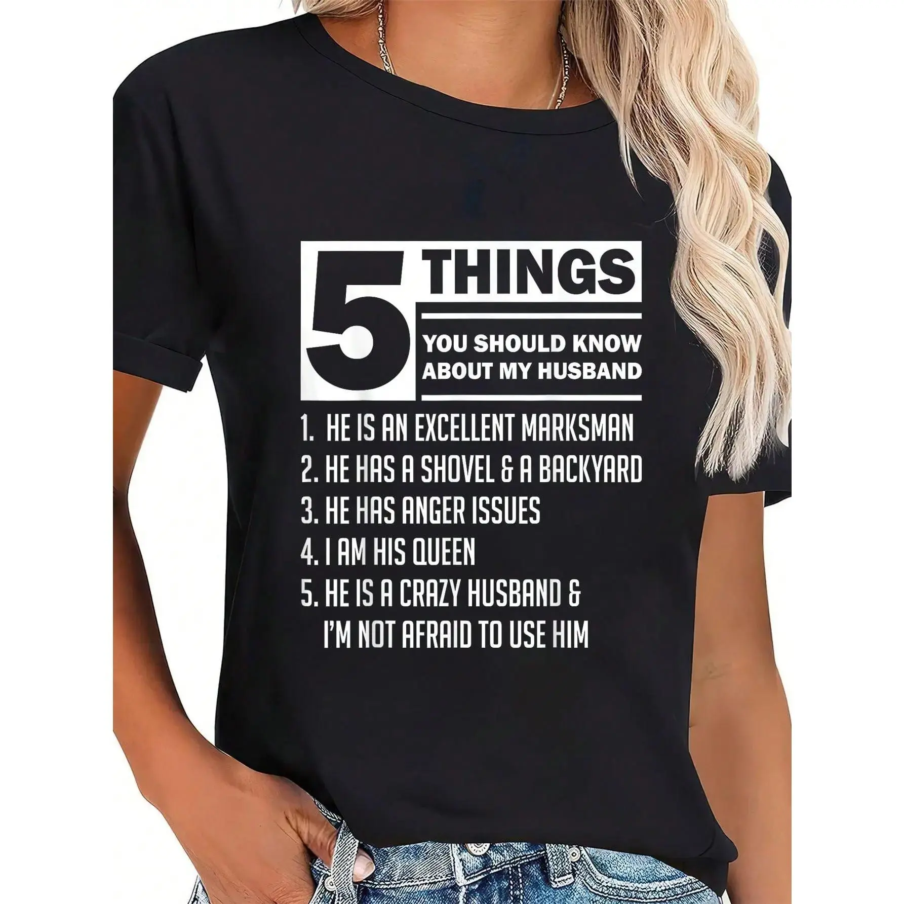 Women's 100% Cotton Short-Sleeve Graphic Print Streetwear T-Shirt - "5 Things You Should Know About My Husband" Marriage Theme, Everyday Wear
