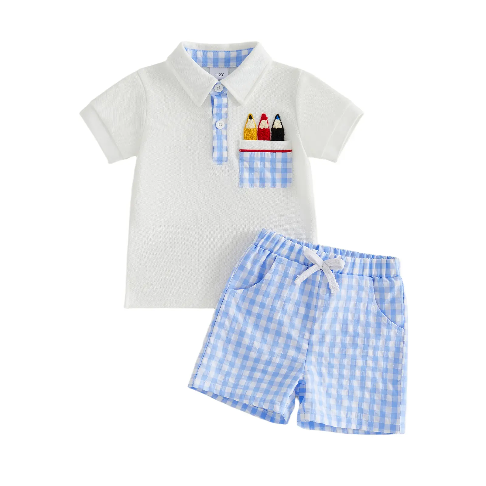 Toddler Baby Boy Back To School Outfit Pencil Embroidery Short Sleeve Shirt and Plaid Shorts Set First Day of School Summer Clothes