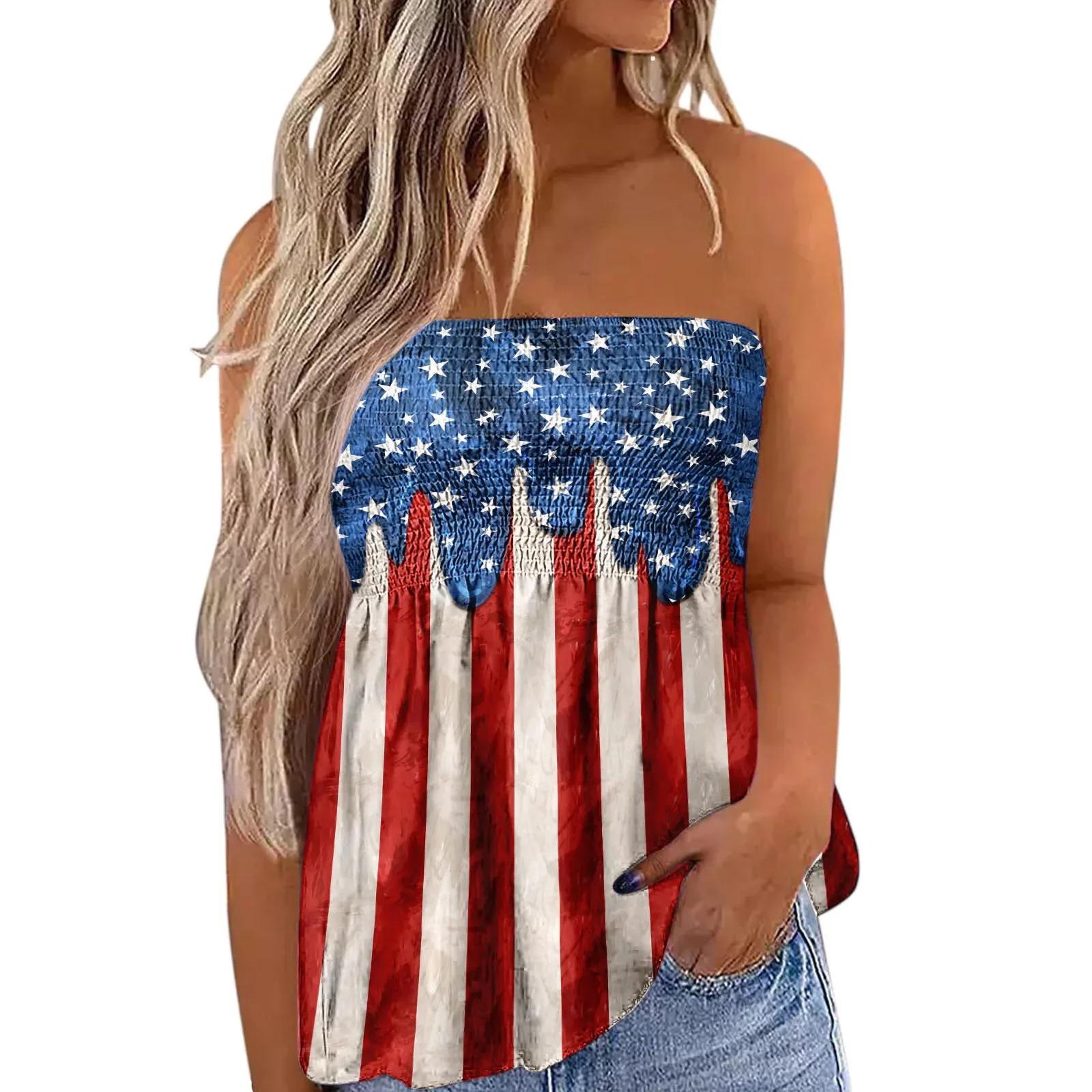 2025 New Women's Fashion Clothing Independence Day Printed Tube Top T-shirt for Women Flowy Strapless Tube Top Blouse