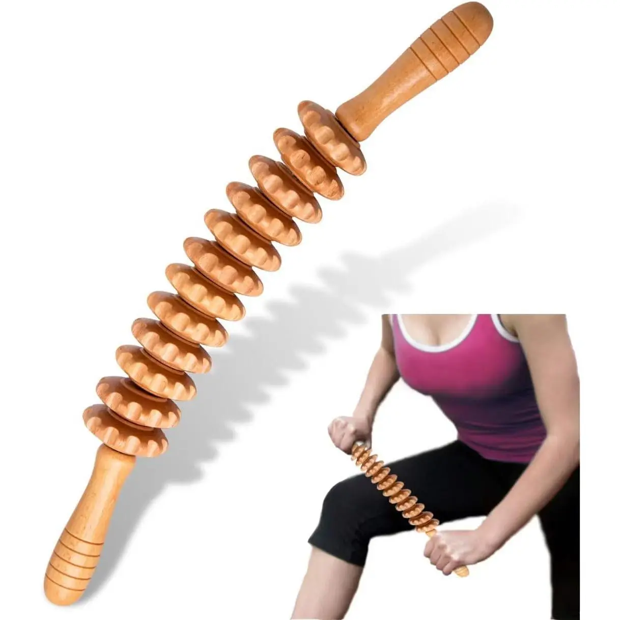 Curved Wooden Therapy Massage Roller Tool - Lymphatic Drainage, Cellulite & Muscle Massage for Waist/Thigh, Stomach Rolling Massager (with White Box)