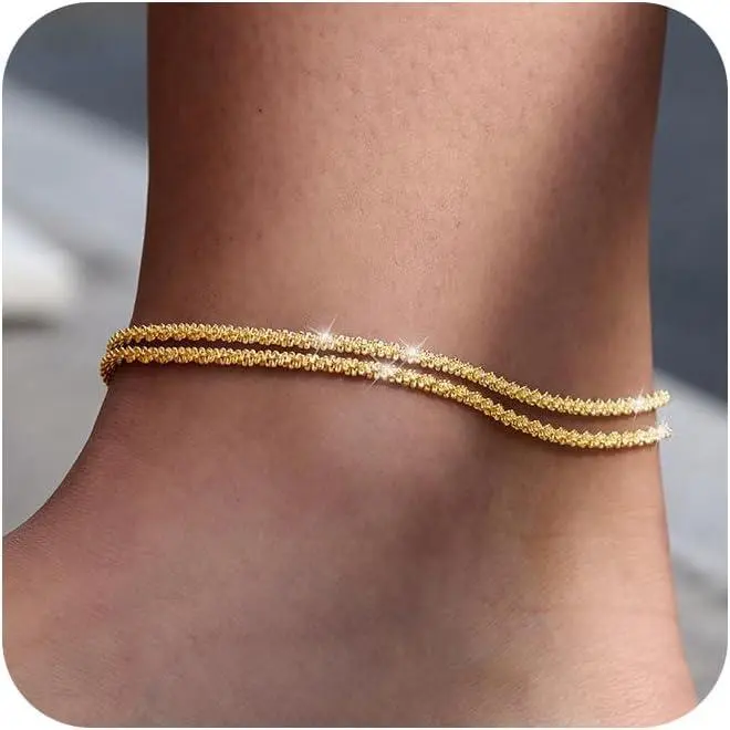 Women's Silver Anklets, Layered Chains Cubic Zirconia Double Chain Ankle Anklets, Tarnish-Free Alloy Fine Jewelry, Adjustable Size for Everyday Summer Beach Use, Tennis Anklet