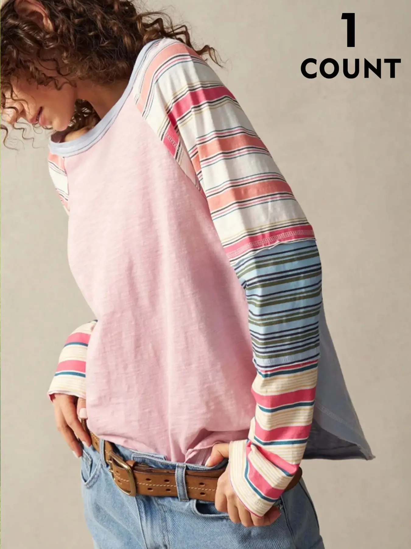 Boho Style Loose-Fit T-Shirt, Polka Dot Pattern, Rainbow Stripe Sleeves, Front Back Blue, Vintage 90s Aesthetic, All-Season Wear