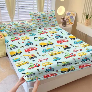 Light Blue Construction Vehicle Dinosaur Pattern Fitted Sheet Set - 1 Bed Sheet & 2 Coreless Pillowcases - Soft Anti-Slip Wrinkle-Resistant Mattress Protector - Fresh Playful Bedroom Decor Gift for Litte Boy or Construction Vehicle Enthusiasts