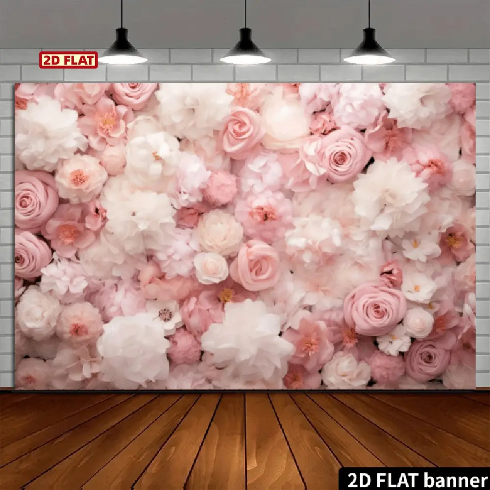 2D Flat Spring Pink & White Rose Floral Wall Backdrop Flower Backdrop Wall with Rose Portrait Banner - Elegant Wedding Bridal Shower Decoration Suitable for Home, Studio, Party Background, Polyester Fabric Photo Banner for Birthdays, Showers, No Power