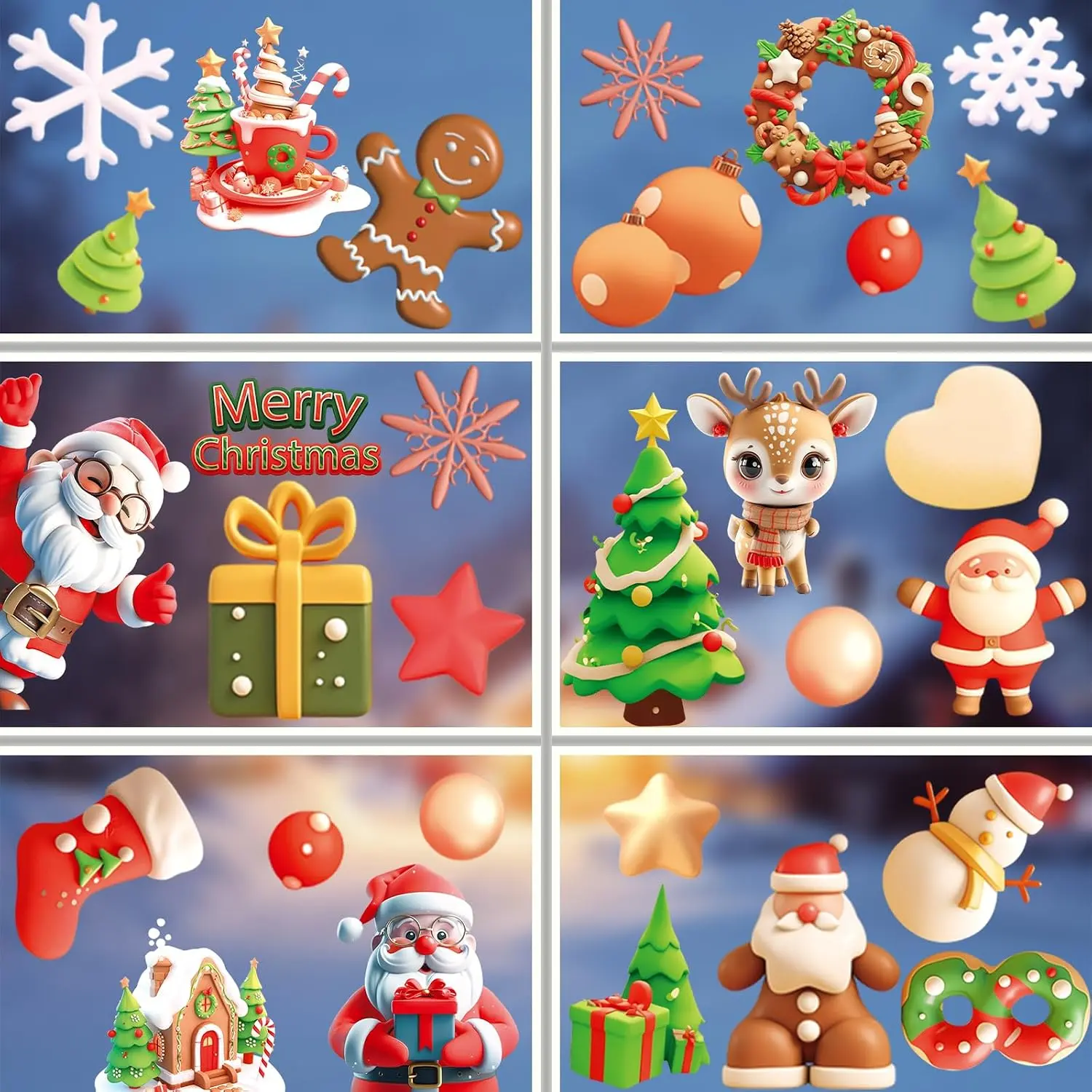 Christmas Window Clings Decorations Glass Windows Christmas Santa Reindeer Snowman Window Stickers Xmas Decorations Windows  9 Sheets 72 count Winter Xmas Holiday  Party Decor Clings