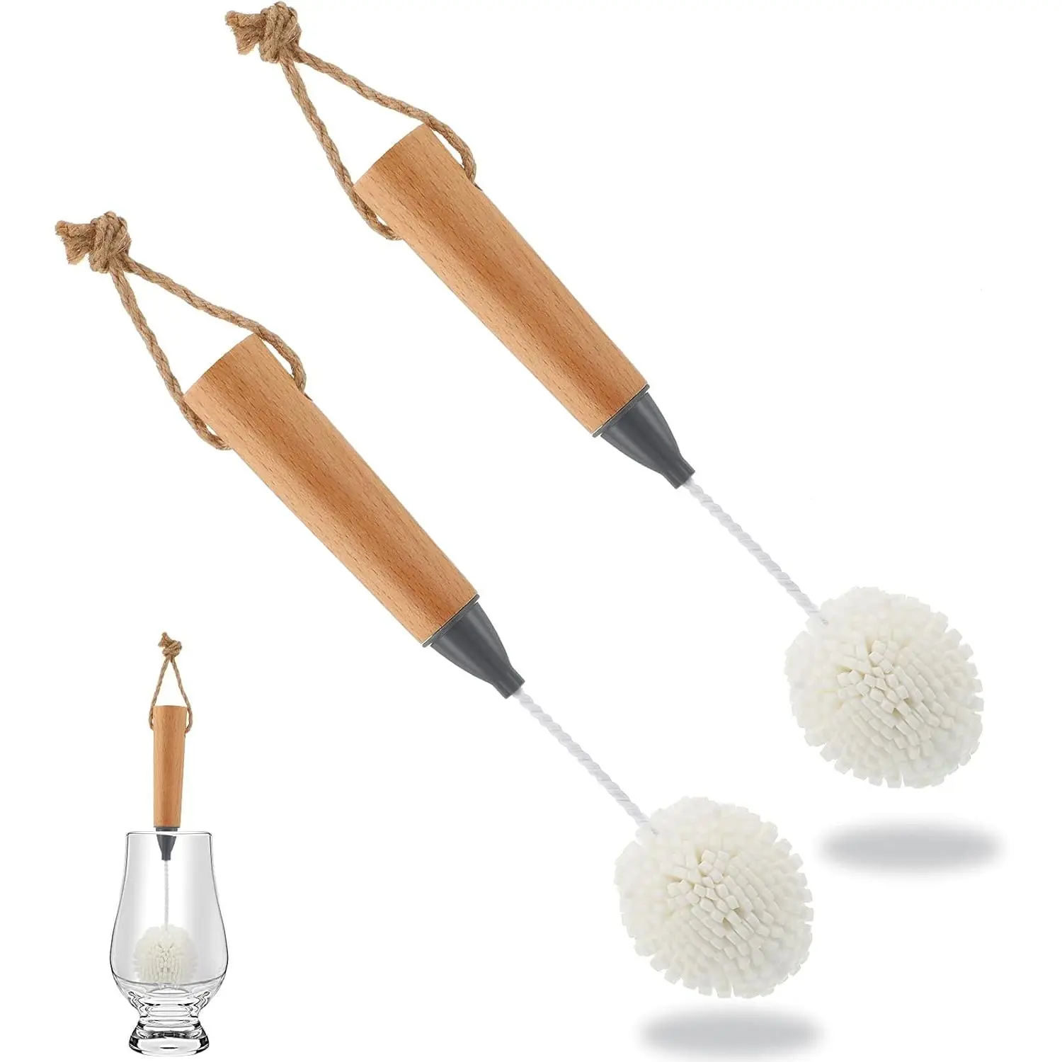 2 Pcs Wine Glass Cleaning Brush Flute and Stemware Brush Non Scratch Foam Bristle Scrubber with Wooden Handles Glass Scrubber for Champagne Flutes Glassware Drinking Cleaner Tool