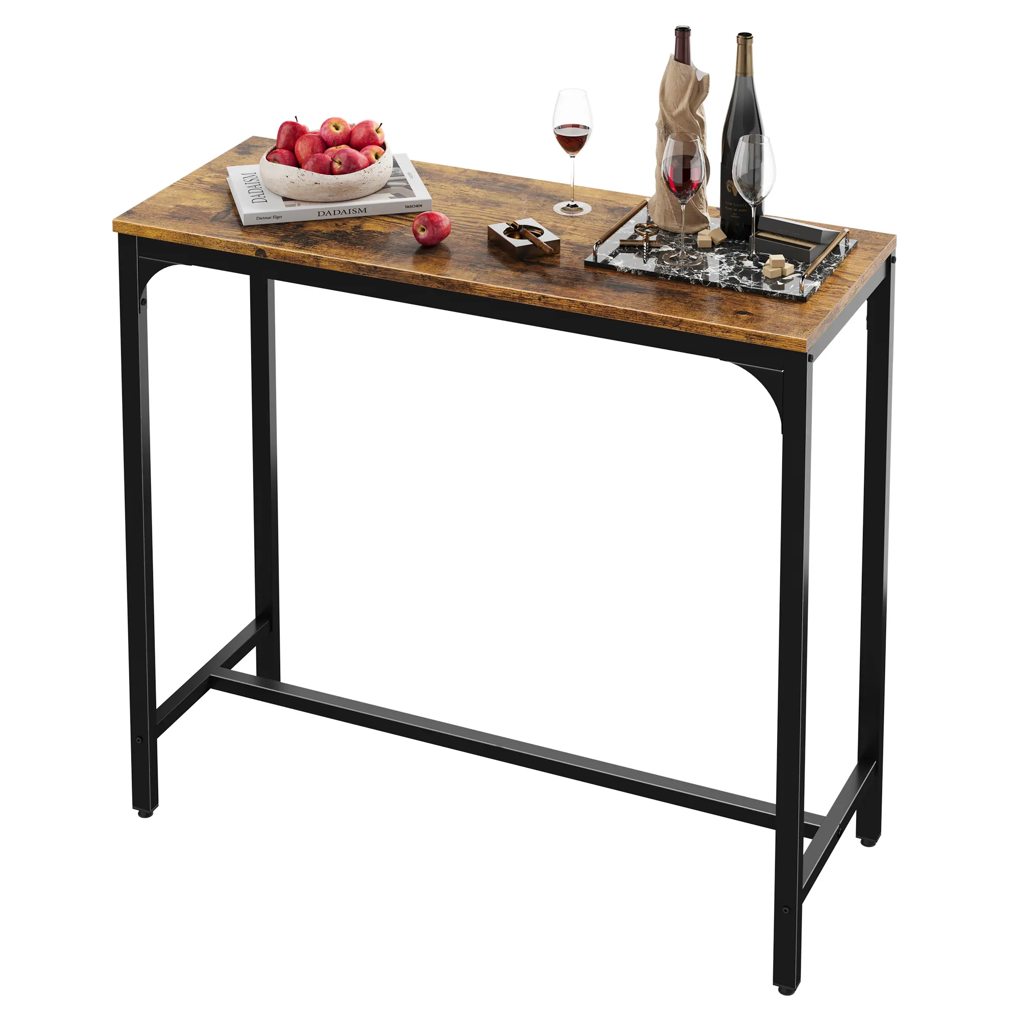 Rectangular Bar Table, 42.5 Inch High Top Pub Table with Metal Frame, Counter Height Bar Table, Narrow Kitchen Island Table for Home Bar, Living Room, Indoor Use, Small Space, Rustic Brown/Black