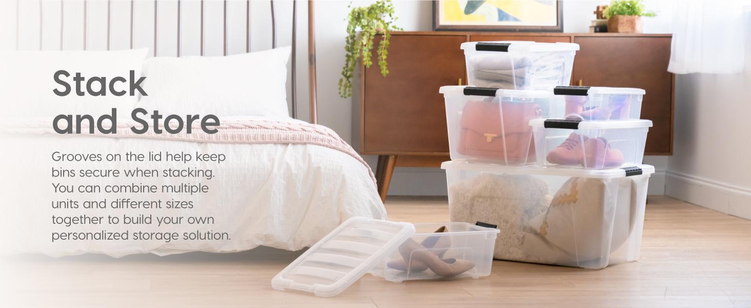 144 Qt Stackable Plastic Storage Bins with Lids, 3 Pack - BPA-Free, See-Through Organizing Solution, Latches, Durable Nestable Containers, Secure Pull Handle, Made in USA - Clear Boxes Organiser